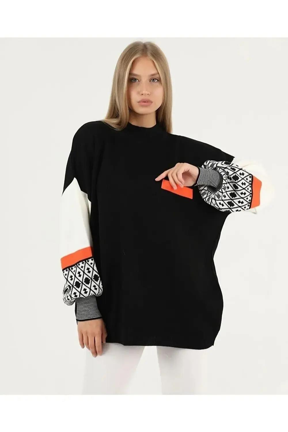 Kadın Kolu Etnik Desen Triko Kazak