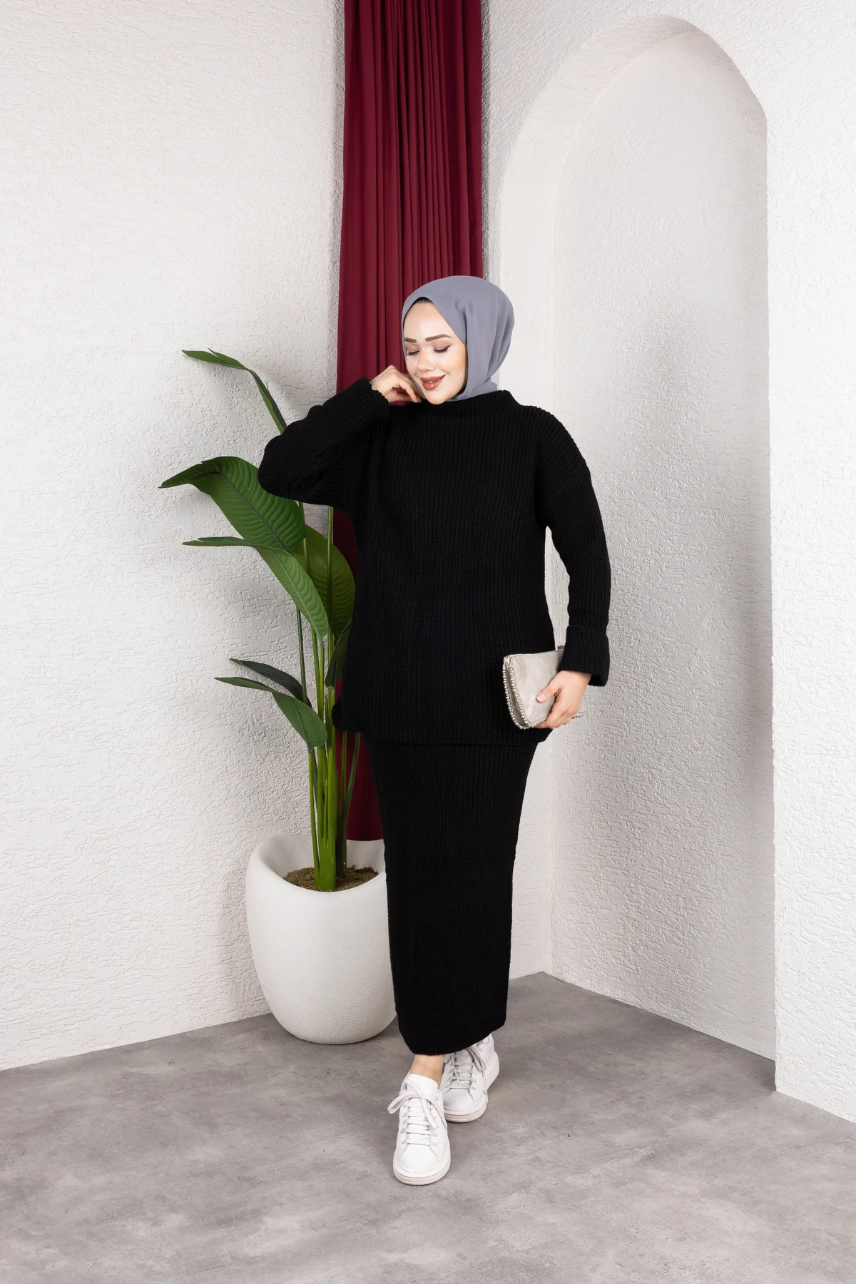 Kadın Kolu Katlı Ve Kalem Etek İle Tunik Triko İkili Alt-Üst Takı