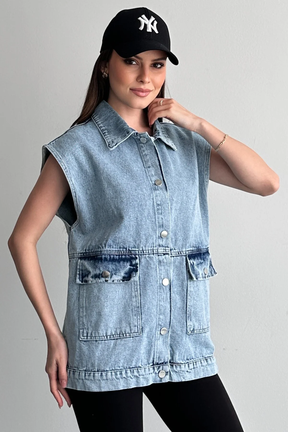 Kadın Kot Yelek Oversize Cepli Jean Yelek Salaş Kesim Mevsimlik D