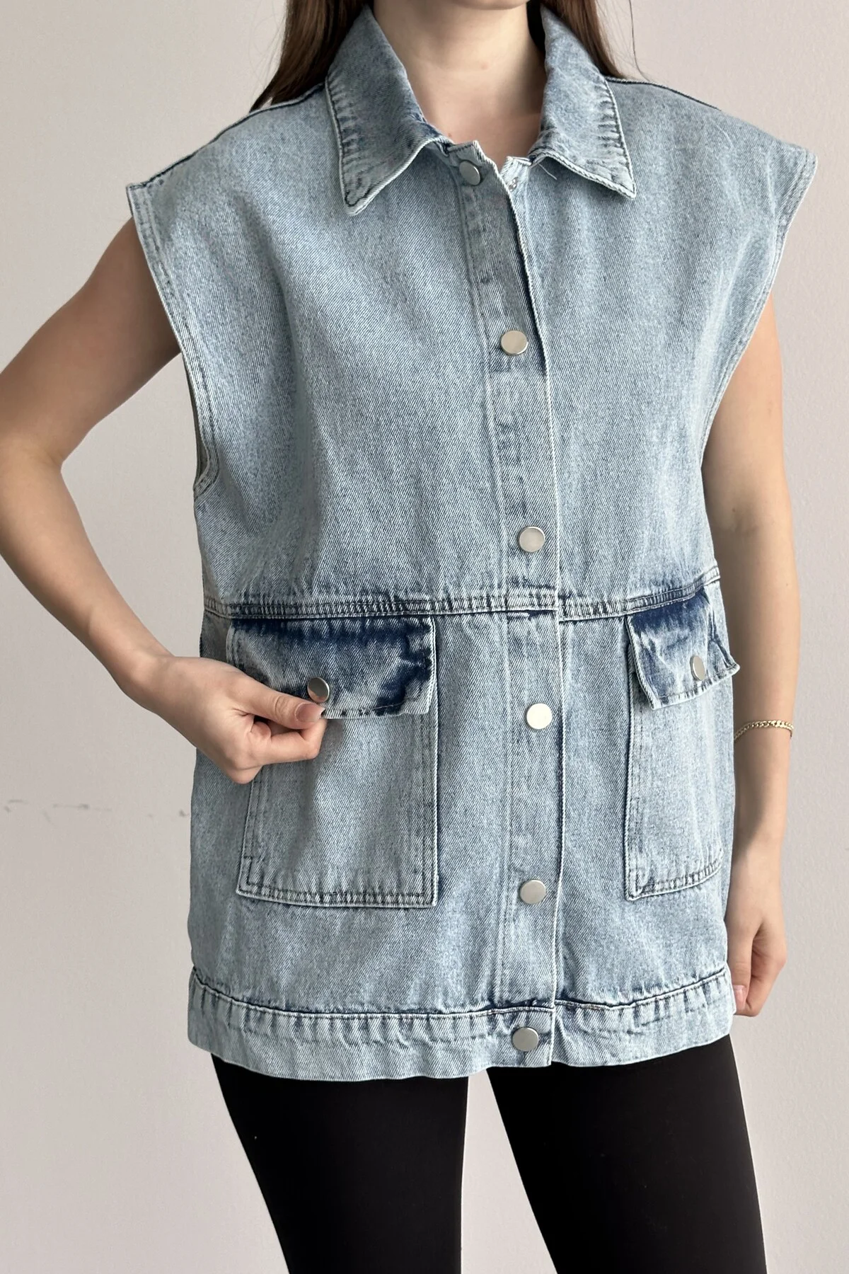 Kadın Kot Yelek Oversize Cepli Jean Yelek Salaş Kesim Mevsimlik D