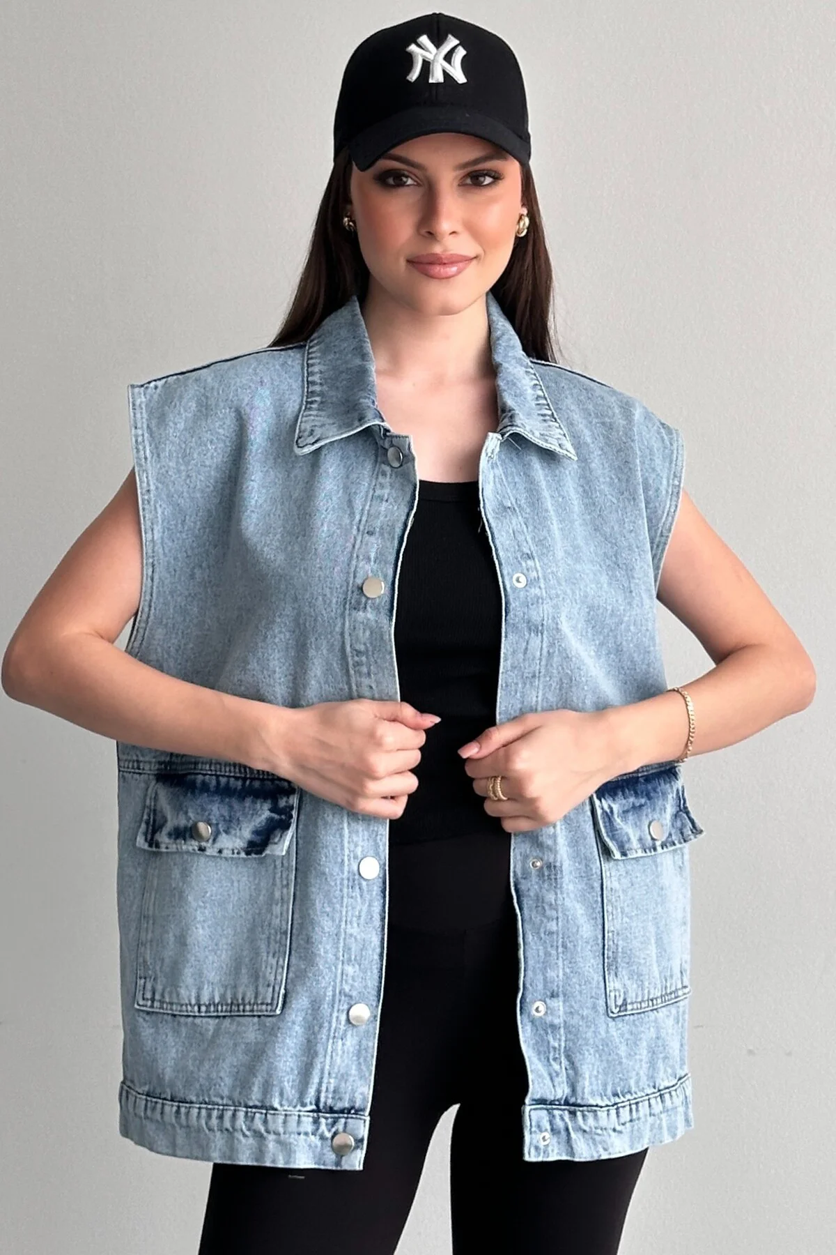 Kadın Kot Yelek Oversize Cepli Jean Yelek Salaş Kesim Mevsimlik D