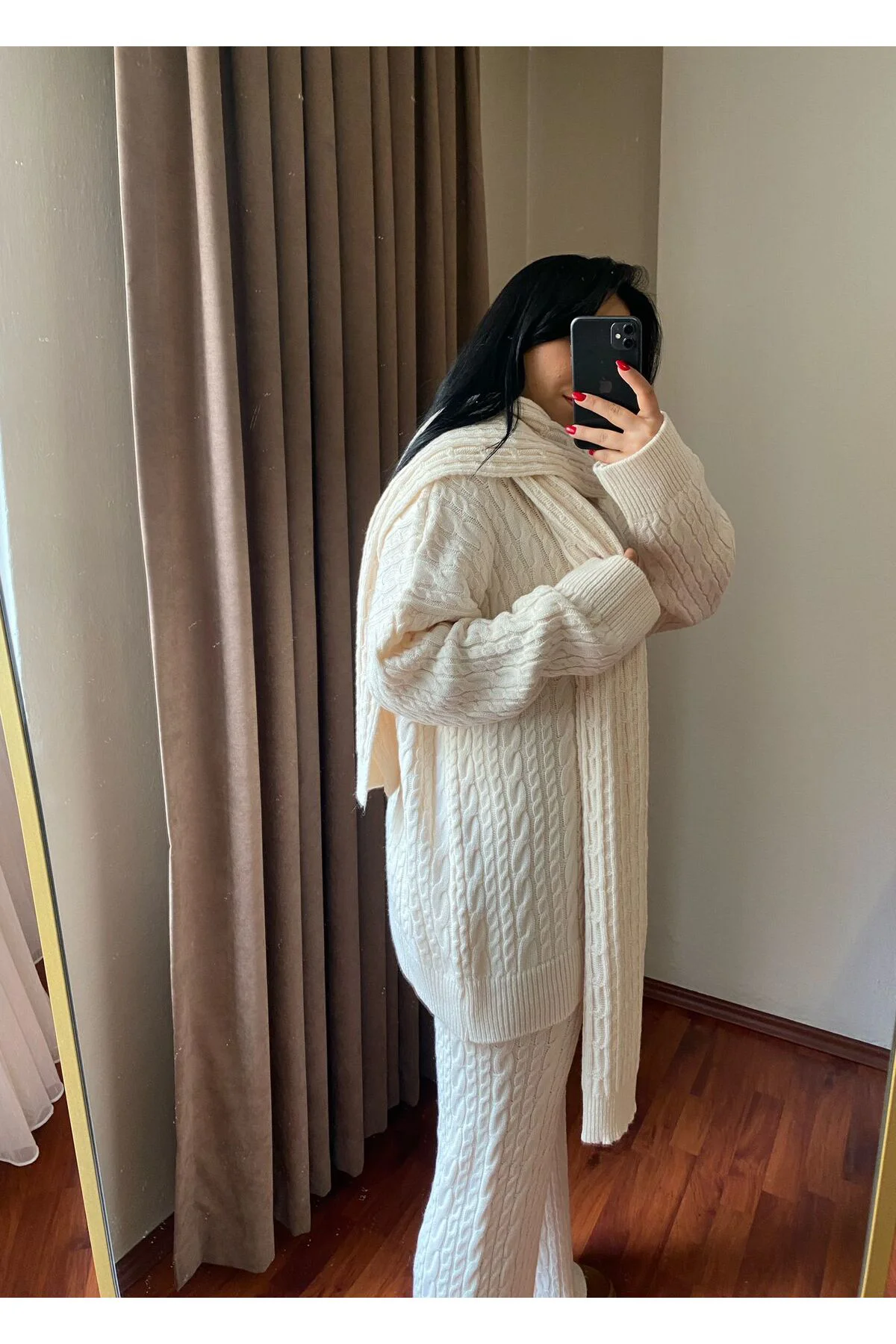 Kadın Krem Atkılı Saç Örgülü Pantolon Triko 3'lü Takım