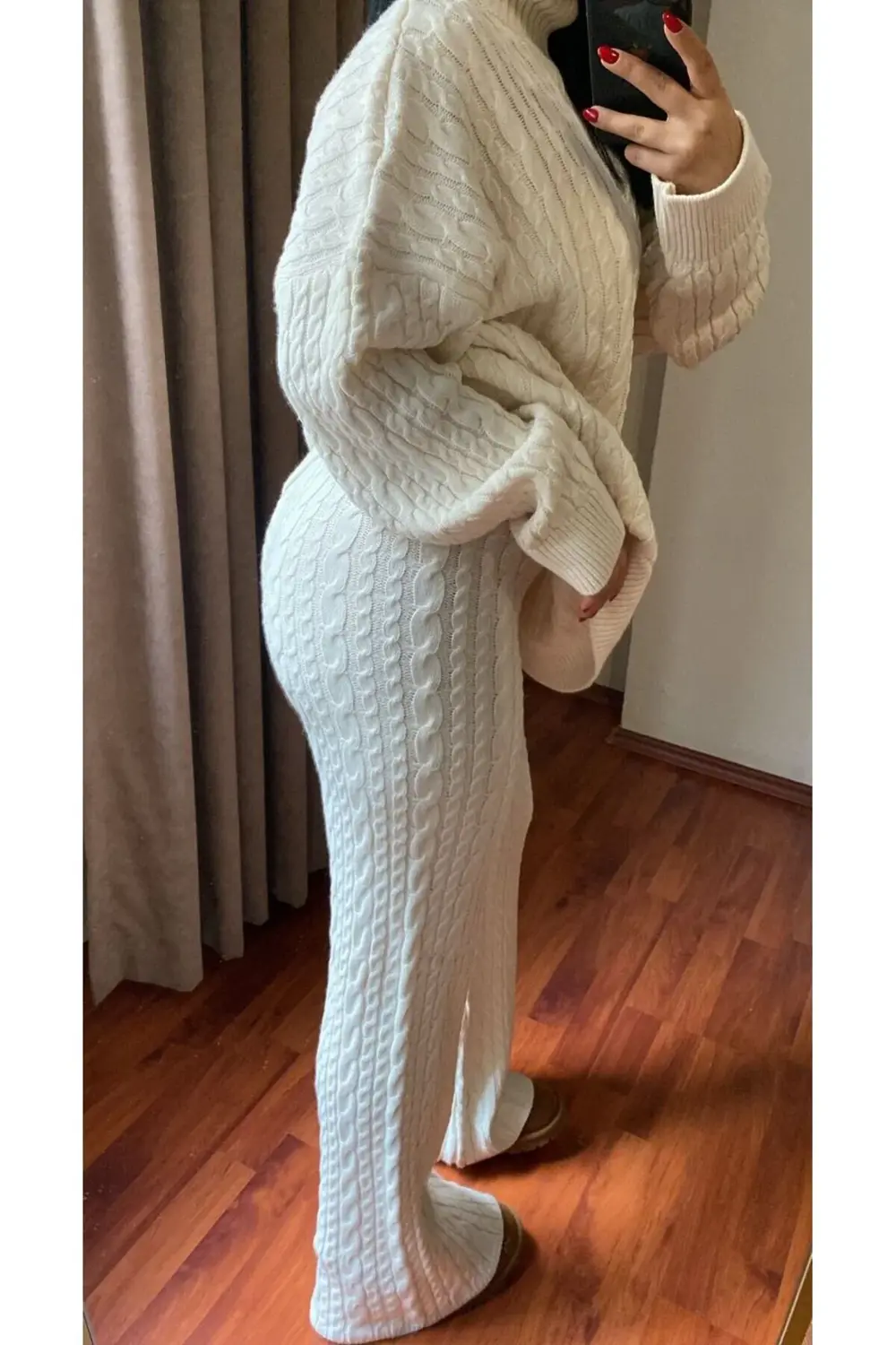 Kadın Krem Atkılı Saç Örgülü Pantolon Triko 3'lü Takım