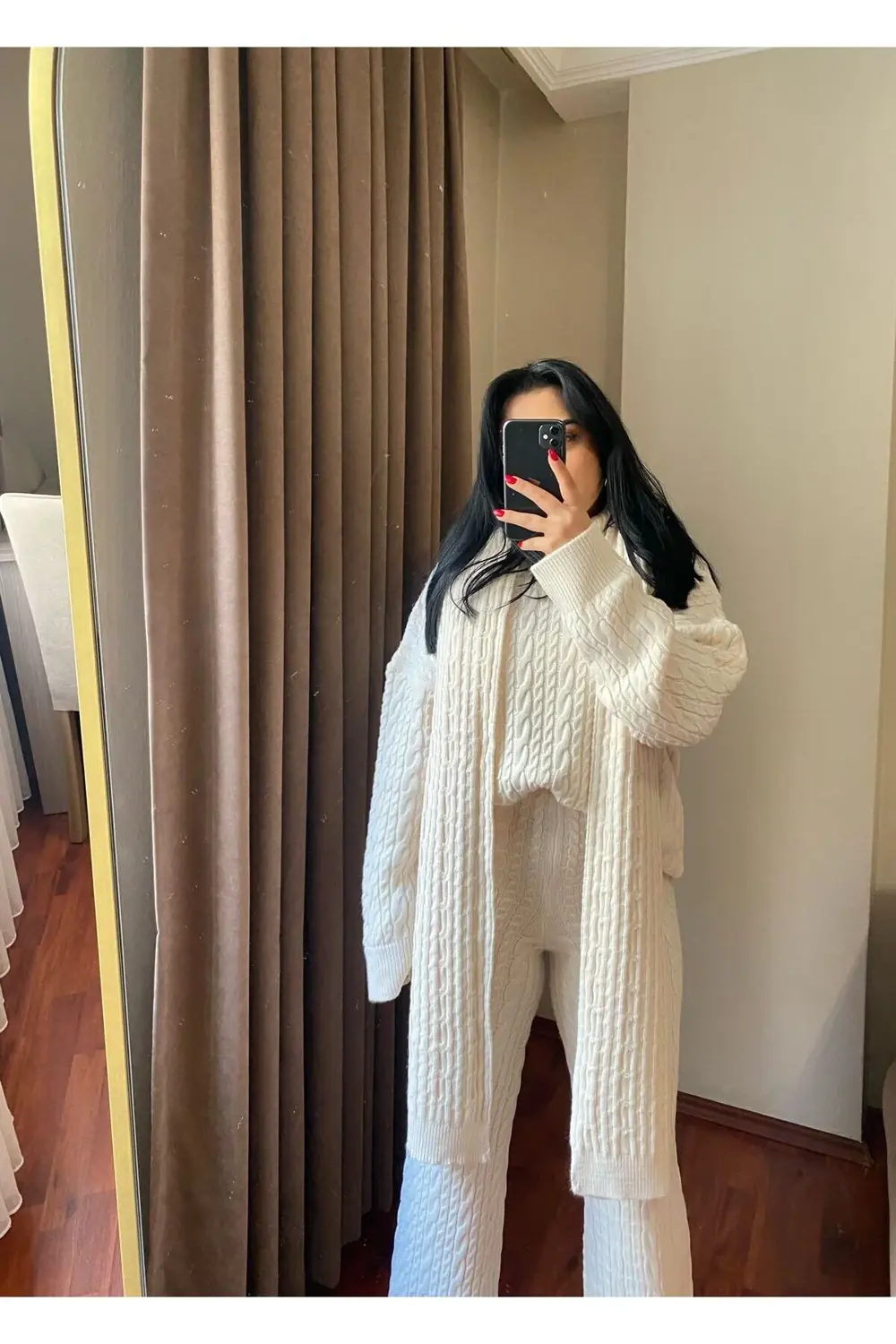 Kadın Krem Atkılı Saç Örgülü Pantolon Triko 3'lü Takım