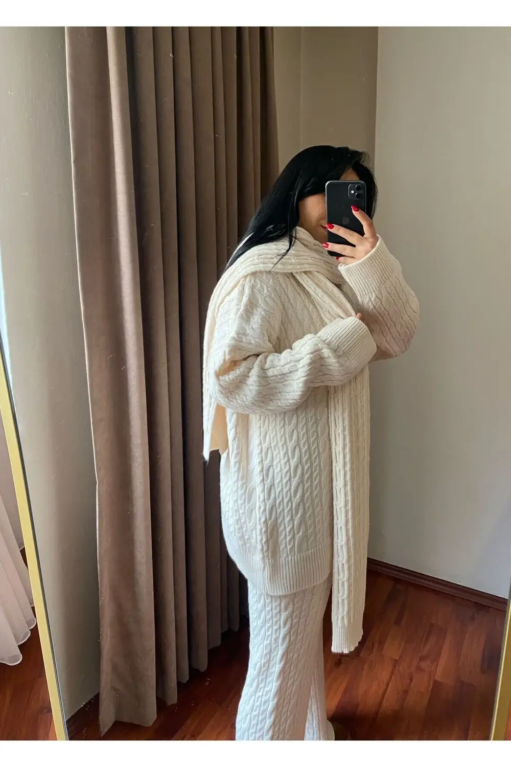 Kadın Krem Atkılı Saç Örgülü Pantolon Triko 3'lü Takım