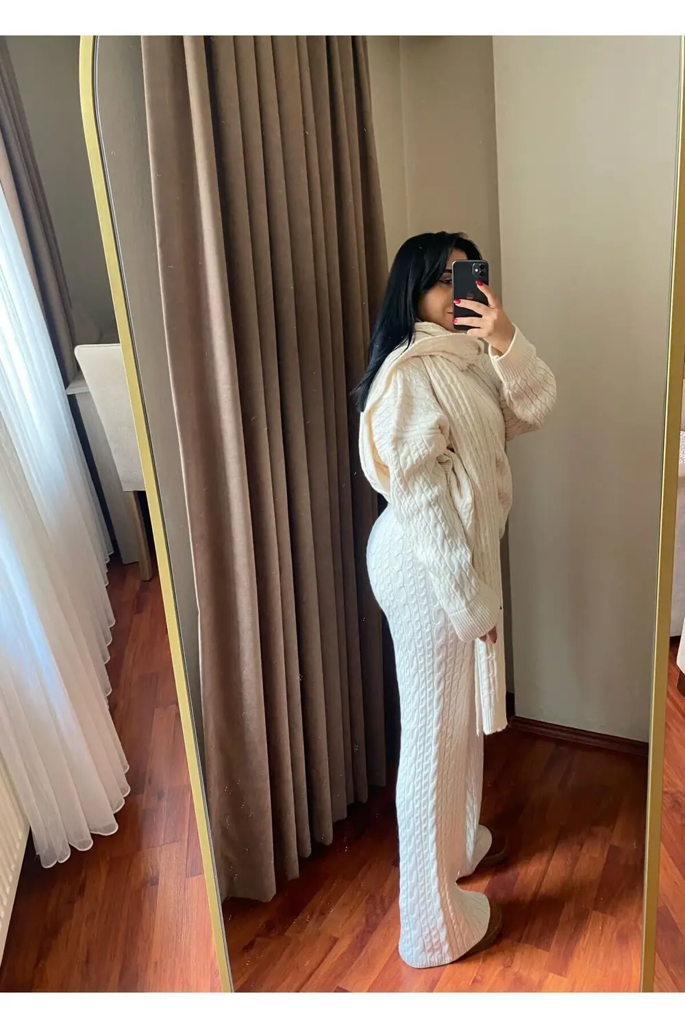 Kadın Krem Atkılı Saç Örgülü Pantolon Triko 3'lü Takım