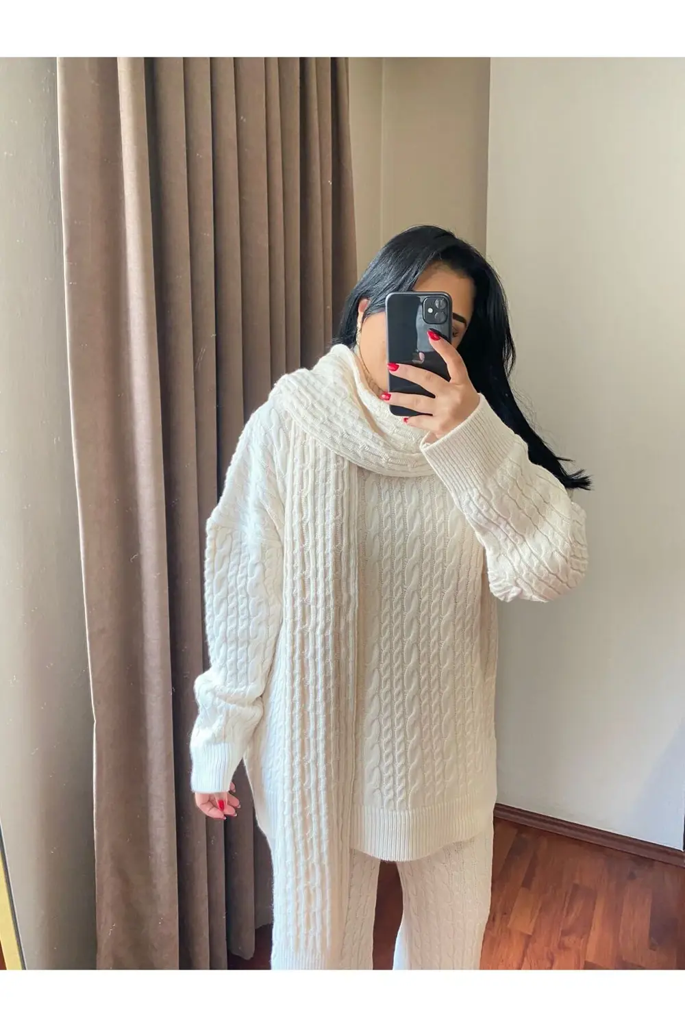 Kadın Krem Atkılı Saç Örgülü Pantolon Triko 3'lü Takım