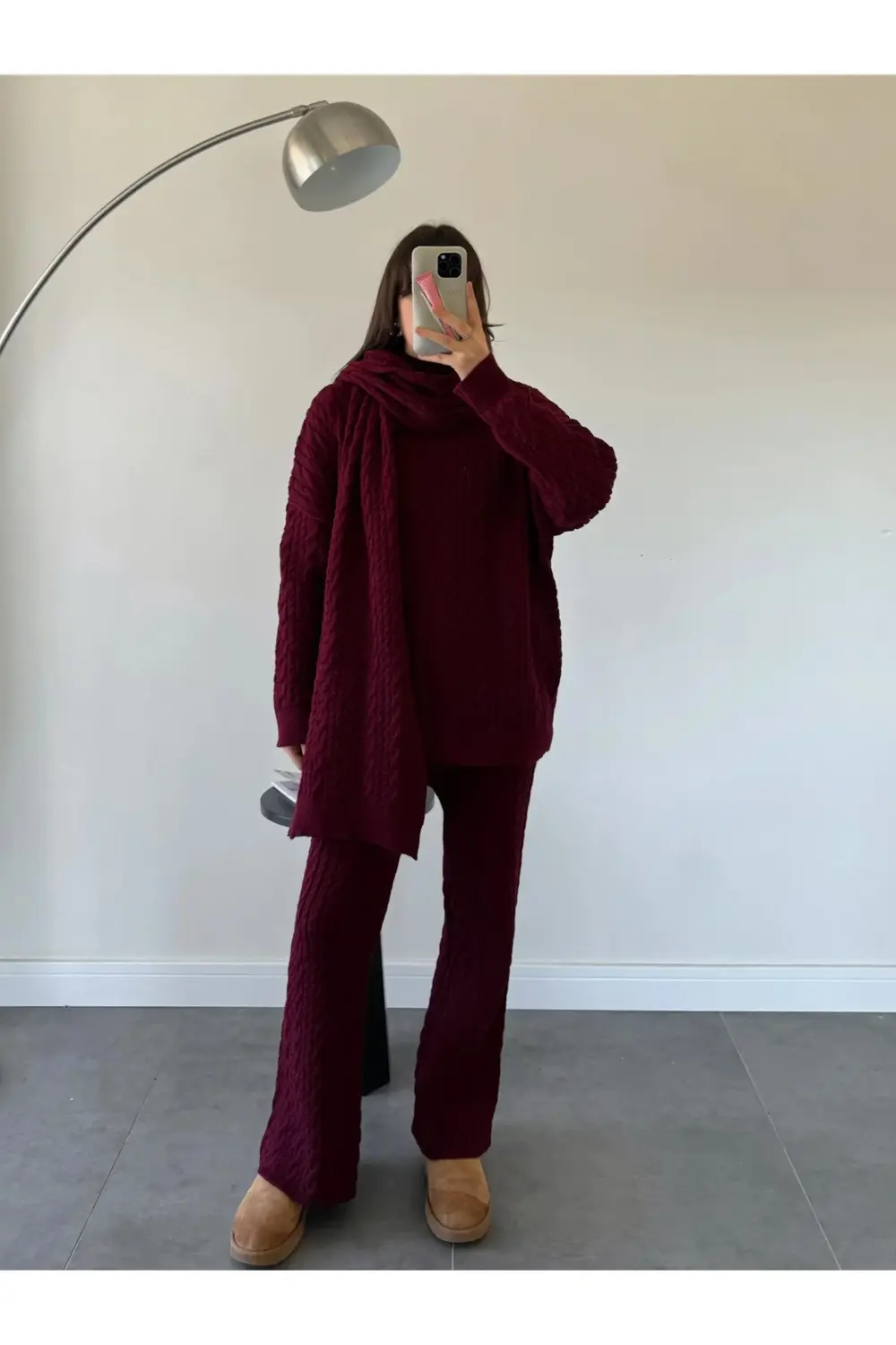 Kadın Krem Atkılı Saç Örgülü Triko Pantolon Takım