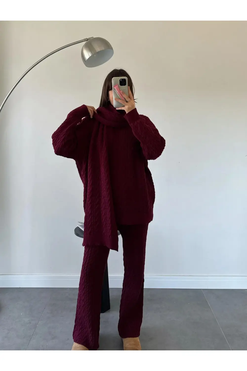 Kadın Krem Atkılı Saç Örgülü Triko Pantolon Takım