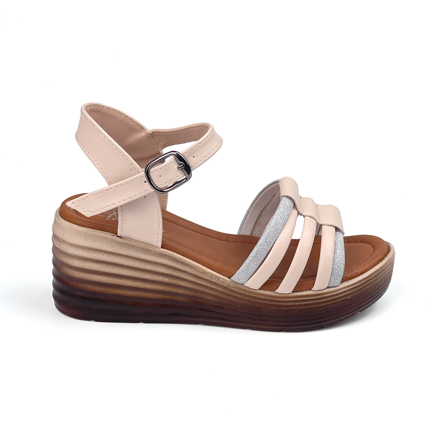 Kadın Krem Taşlı Dolgu Topuklu Sandalet 6 Cm Rahat Yüksek Topuklu