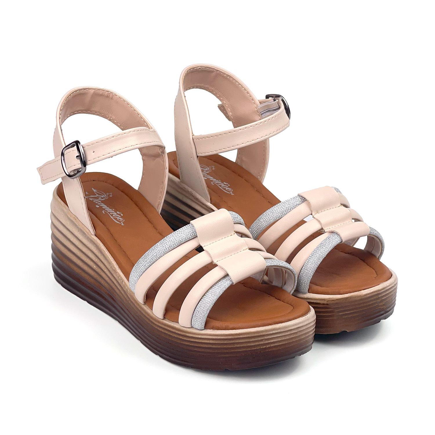 Kadın Krem Taşlı Dolgu Topuklu Sandalet 6 Cm Rahat Yüksek Topuklu