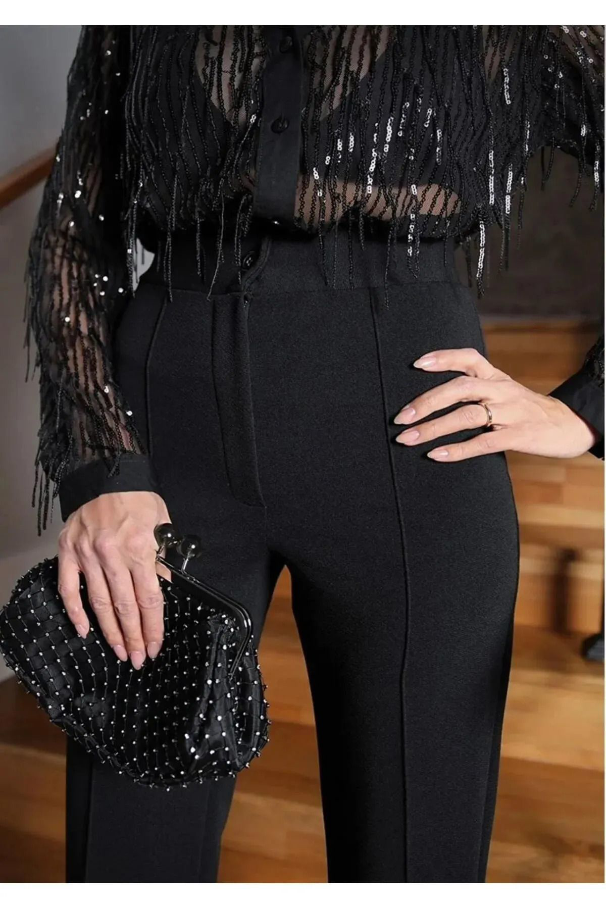 Think + Kadın Krep Kumaş Likralı Önü Çimalı İspanyol Paça Palazzo Pantalo