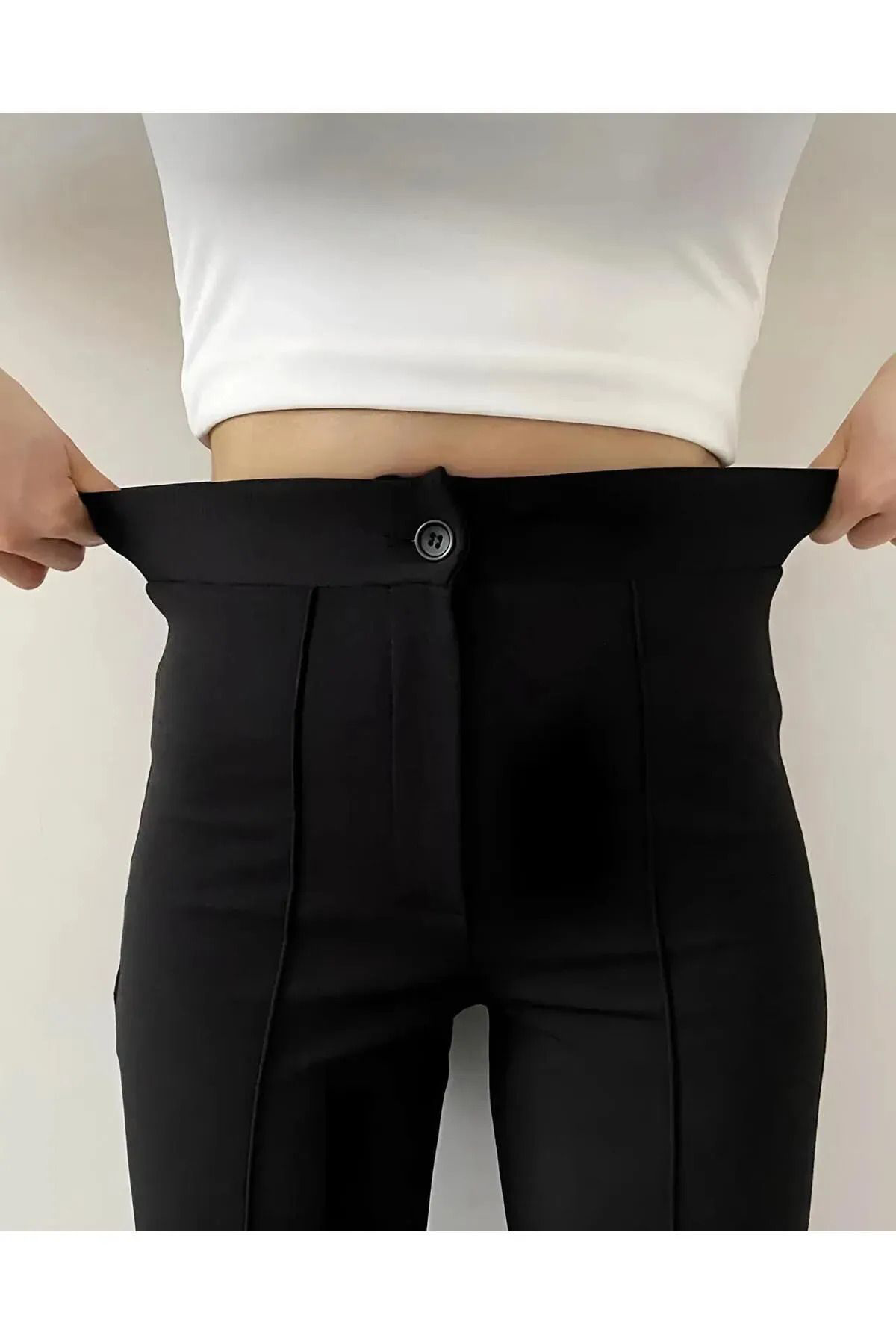 Think + Kadın Krep Kumaş Likralı Önü Çimalı İspanyol Paça Palazzo Pantalo