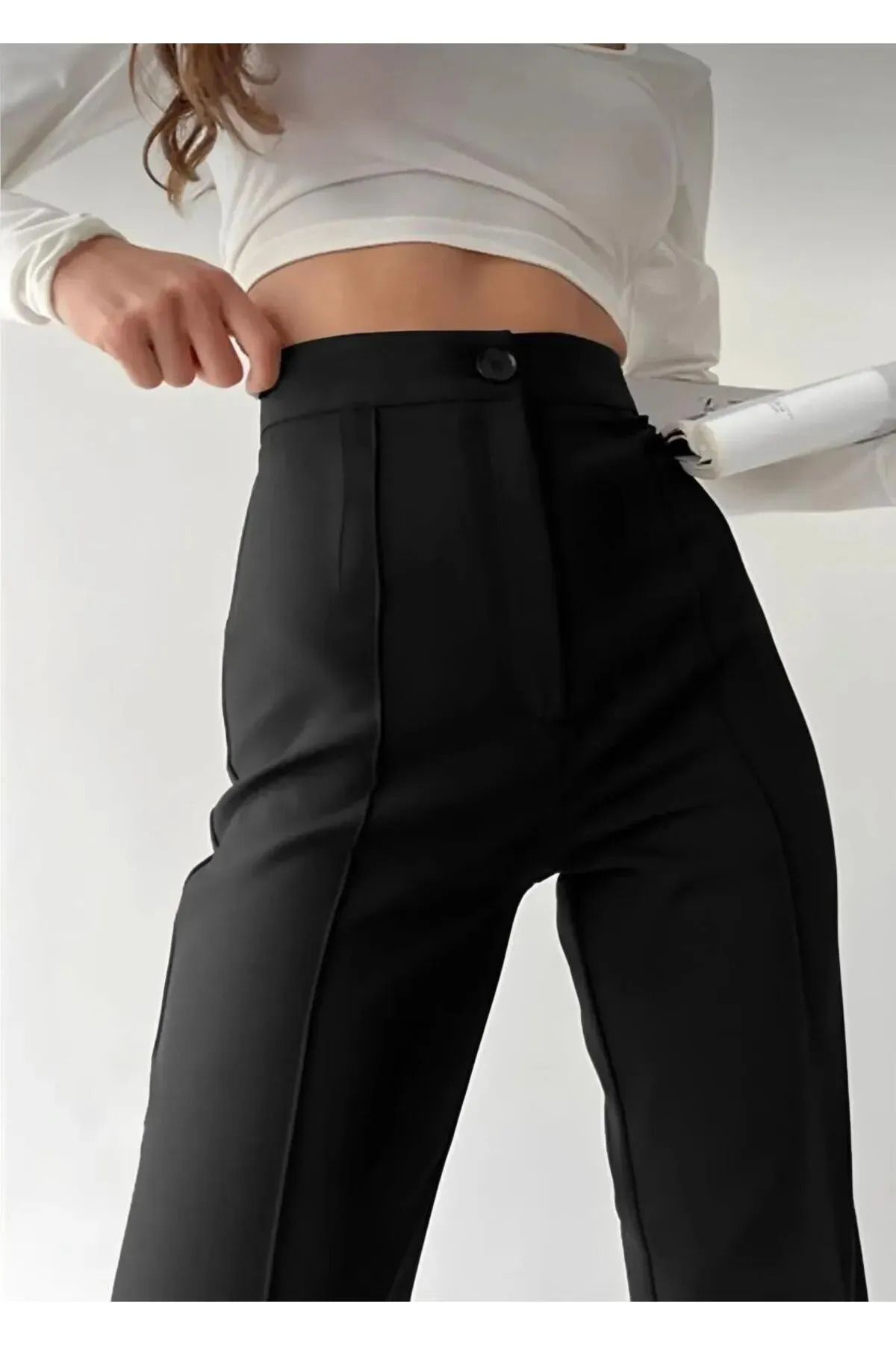 Think + Kadın Krep Kumaş Likralı Önü Çimalı İspanyol Paça Palazzo Pantalo