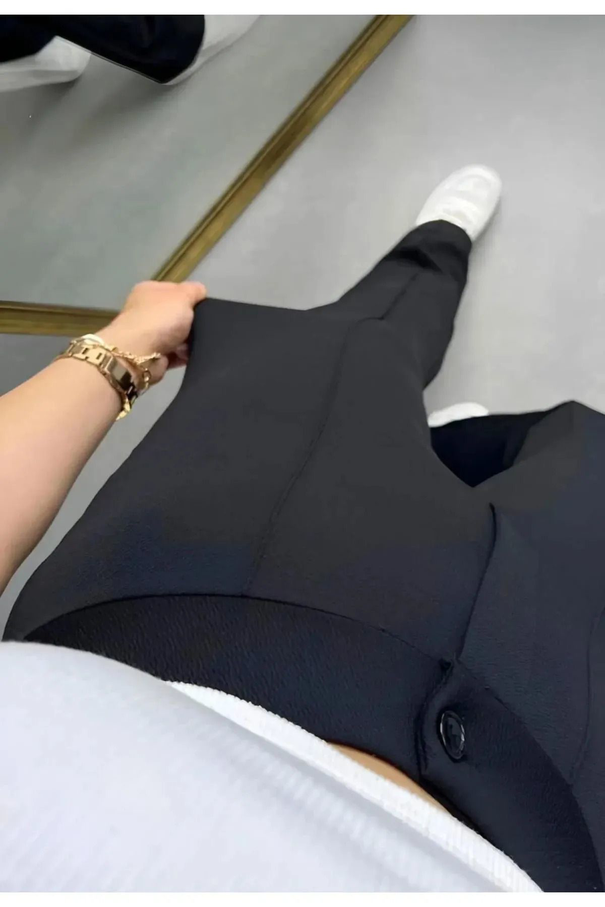 Think + Kadın Krep Kumaş Likralı Önü Çimalı İspanyol Paça Palazzo Pantalo