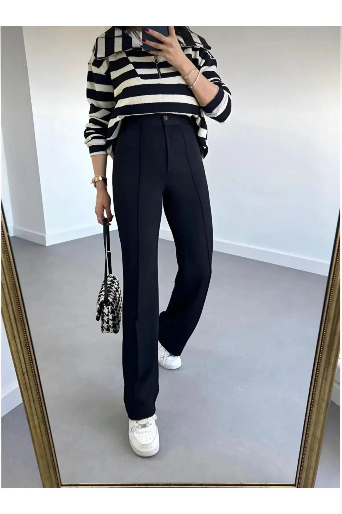 Think + Kadın Krep Kumaş Likralı Önü Çimalı İspanyol Paça Palazzo Pantalo