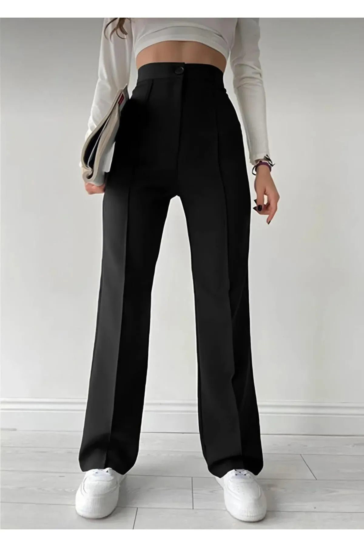 Think + Kadın Krep Kumaş Likralı Önü Çimalı İspanyol Paça Palazzo Pantalo