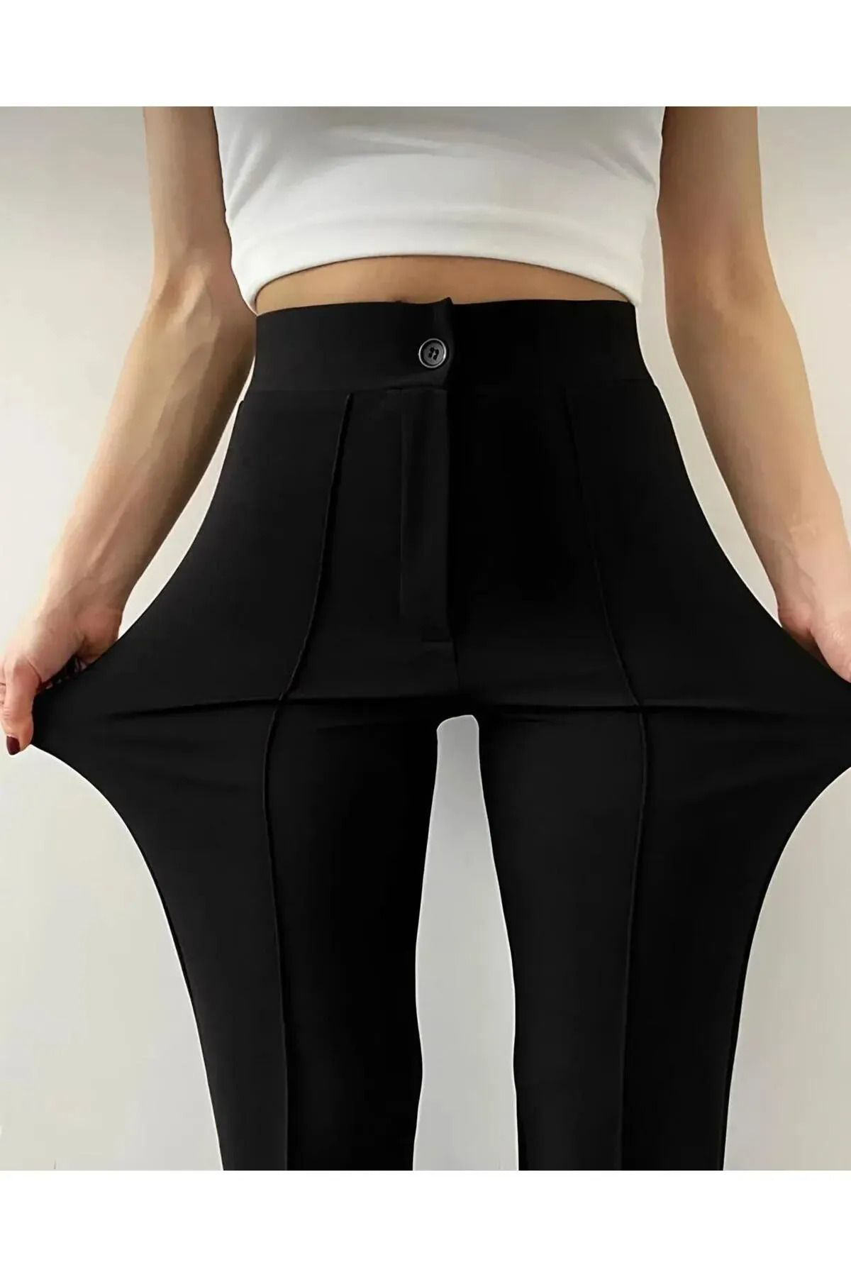 Think + Kadın Krep Kumaş Likralı Önü Çimalı İspanyol Paça Palazzo Pantalo