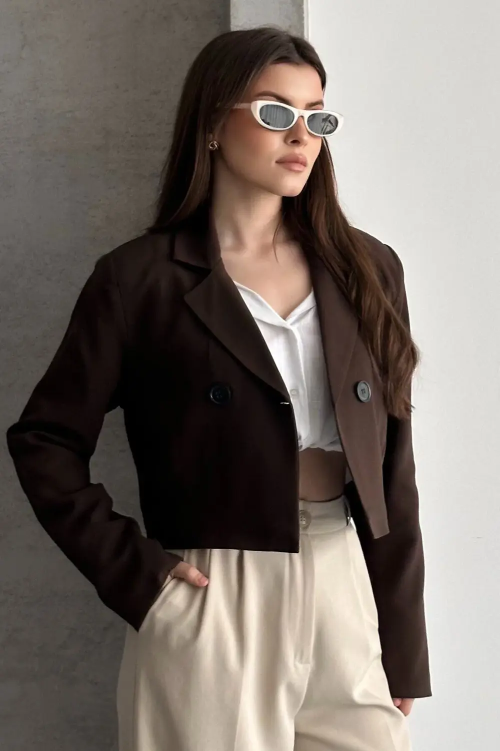 Kadın Kruvaze Crop Blazer Ceket
