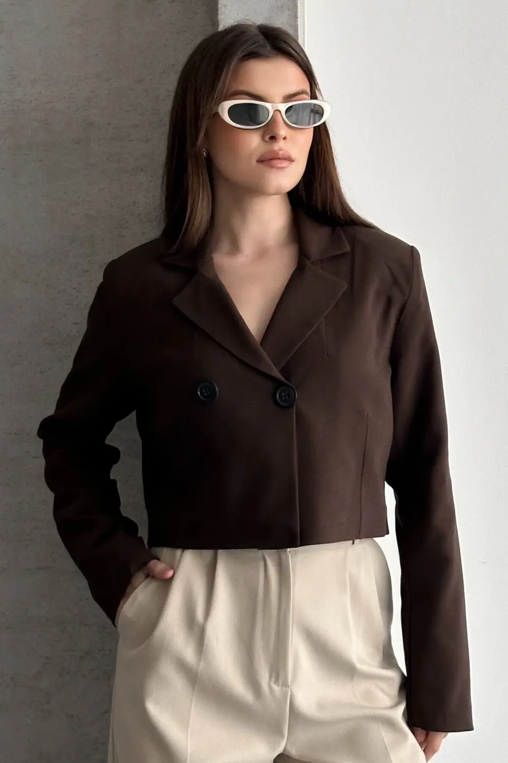 Kadın Kruvaze Crop Blazer Ceket