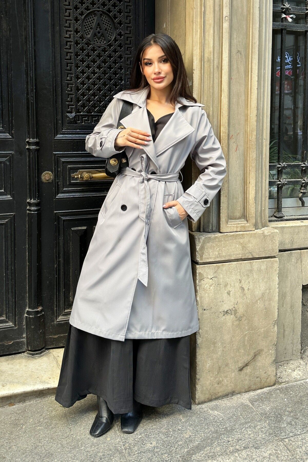 Moda Armanc Kadin Kruvaze Yaka Gri Trençkot - 5918