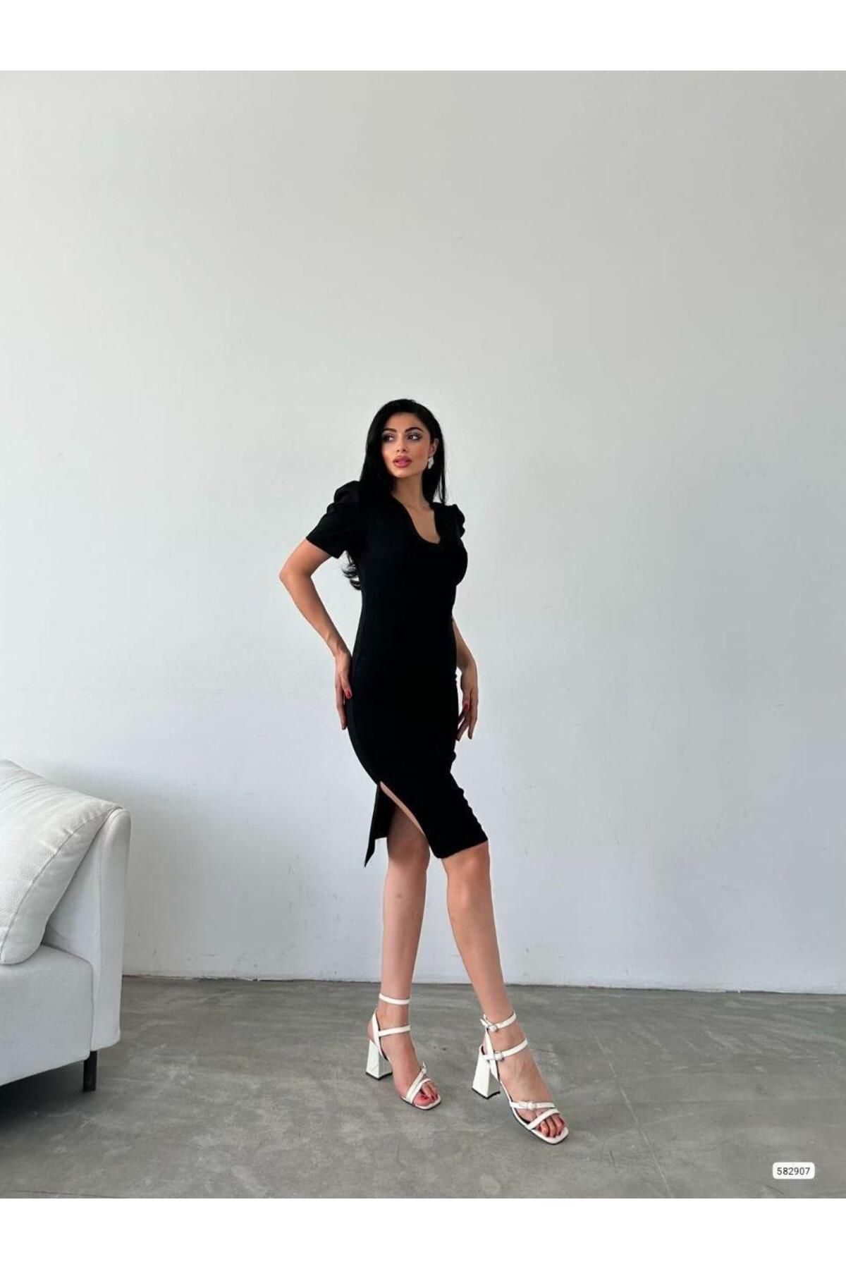 Kadın Kruvaze Yaka Yandan Yırtmaç Detaylı Scuba Krep Kumaş Midi B