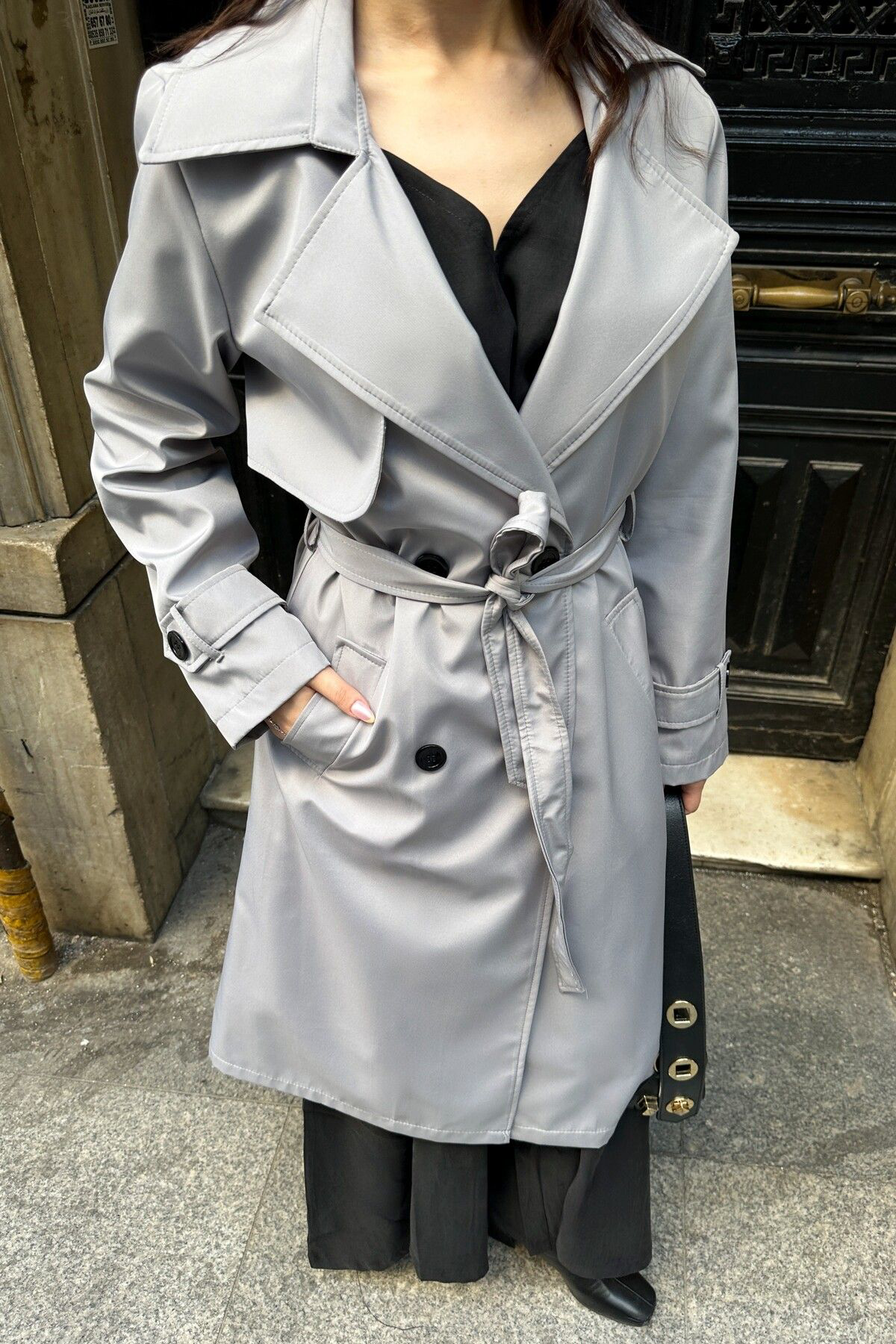 Moda Armanc Kadin Kruvaze Yaka Gri Trençkot - 5918