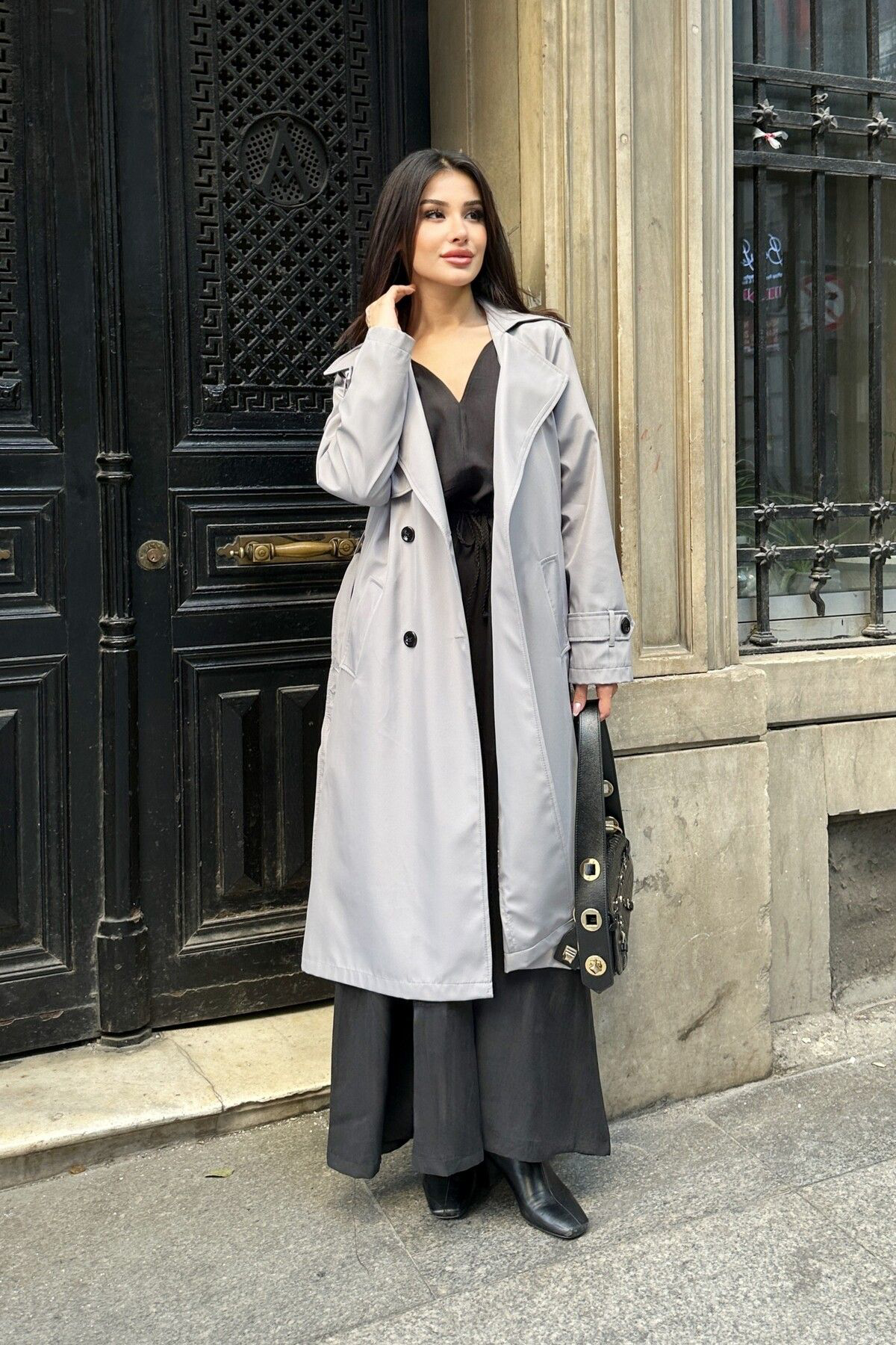 Moda Armanc Kadin Kruvaze Yaka Gri Trençkot - 5918