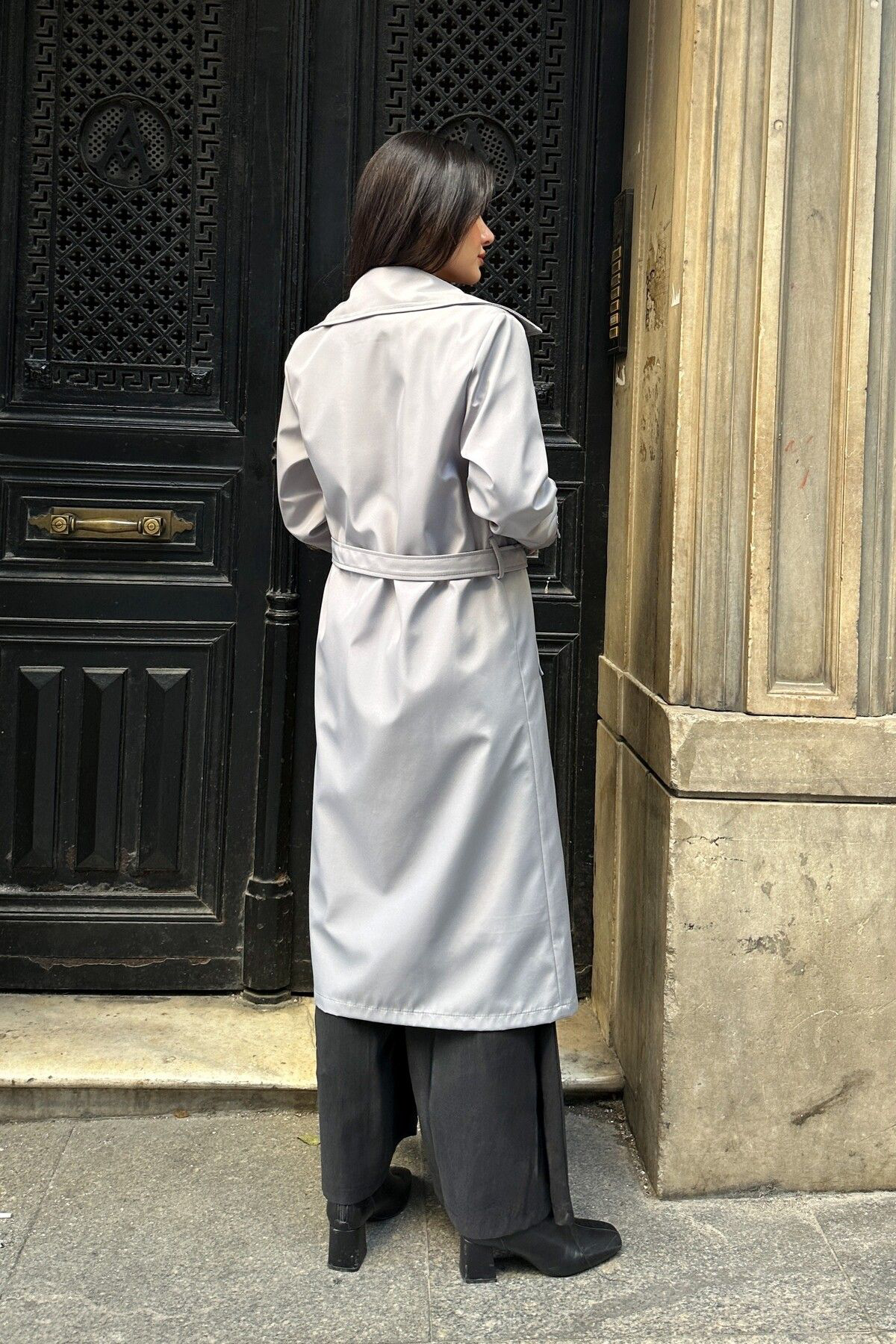 Moda Armanc Kadin Kruvaze Yaka Gri Trençkot - 5918