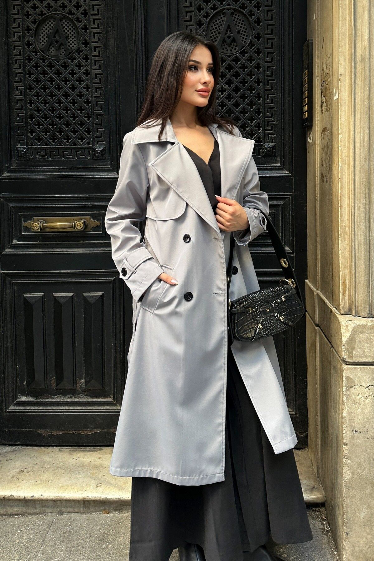 Moda Armanc Kadin Kruvaze Yaka Gri Trençkot - 5918