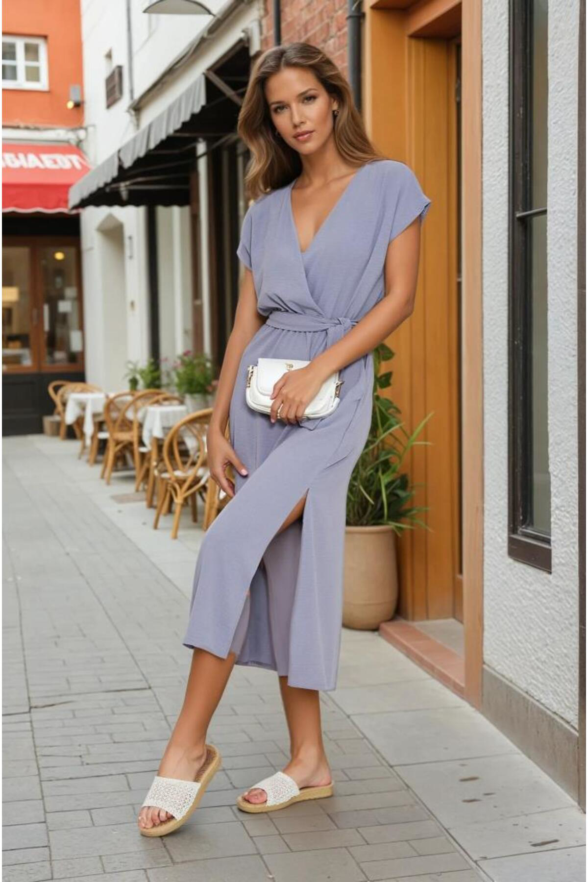 Pasaklı Giyim Kadın Kruvaze Yaka Cepli Derin Yırtmaçlı Beli Lastikli Aerobin Gü