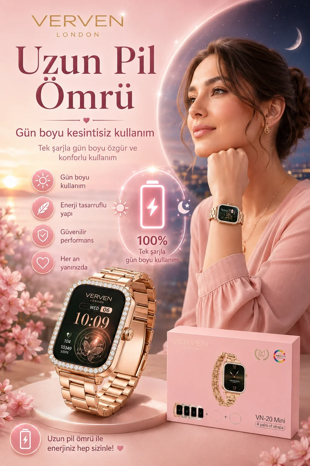 Kadın Kullanımına Uygun Akıllı Saat Dört Çift Kordonlu Şık Tasarımlı Dokunmatik Model