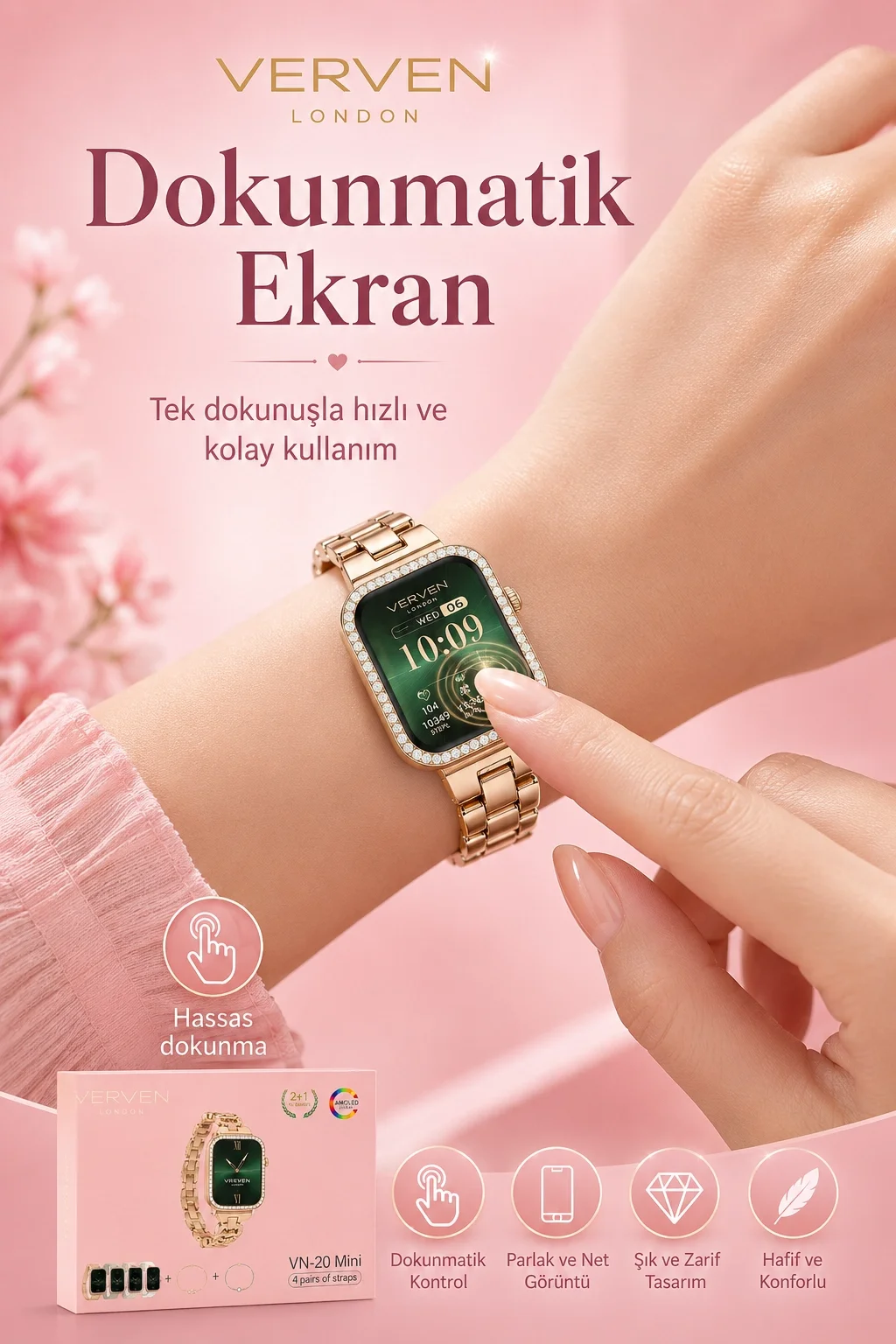 Kadın Kullanımına Uygun Akıllı Saat Dört Çift Kordonlu Şık Tasarımlı Dokunmatik Model
