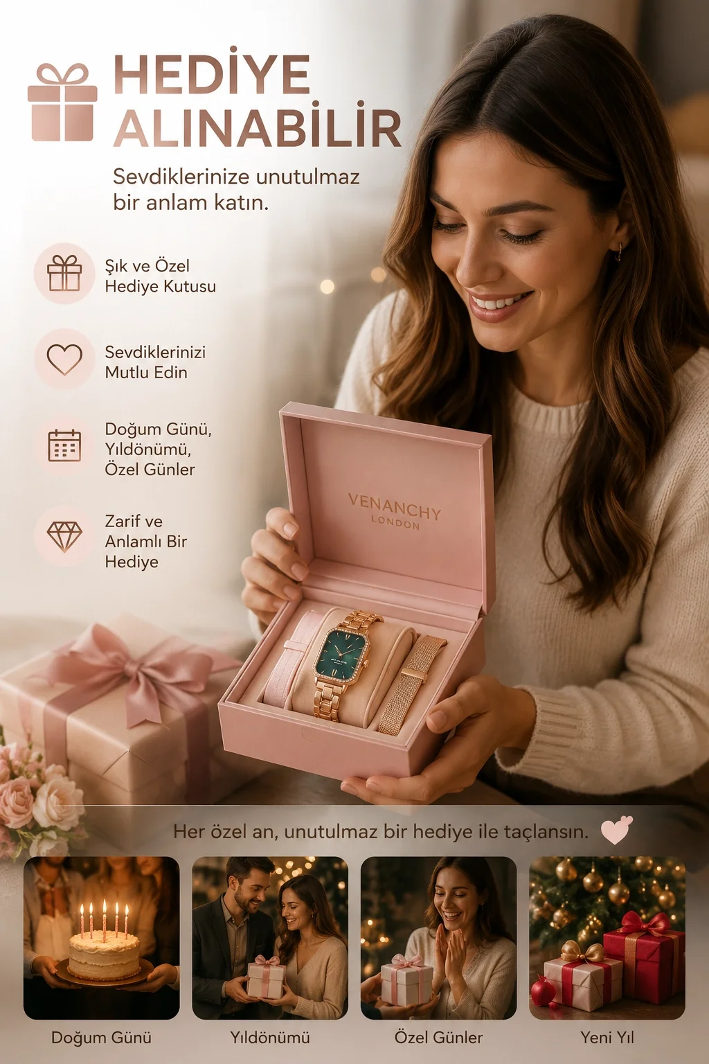 Kadın Kullanımına Uygun Akıllı Saat Dört Çift Kordonlu Şık Tasarımlı Dokunmatik Model