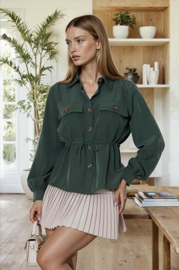 Pasaklı Giyim Kadın Haki Kupra Kumaş Uzun Kollu Beli Büzgülü Bluz/Gömlek 373830 Pasaklı Giyim Kadın Haki Kupra Kumaş Uzun Kollu Beli Büzgülü Bluz/Gömlek 373830