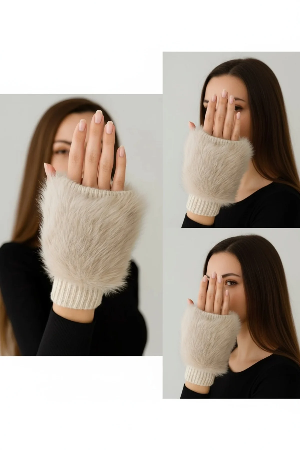 Kadın Kürk Detaylı Kesik Parmaksız Yumuşak Dokulu Kışlık Model Faux Soft Peluş Eldiven Ekru Bej