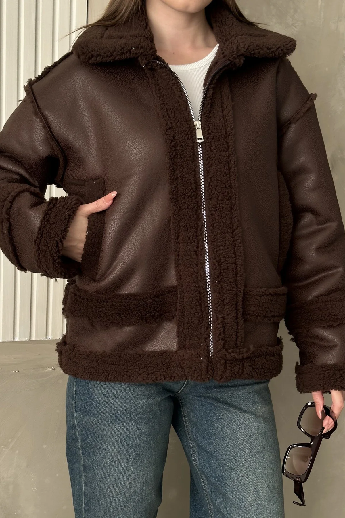 Kadın Kürklü Deri Mont - Oversize Suni Deri Kaban - Shearling İçi