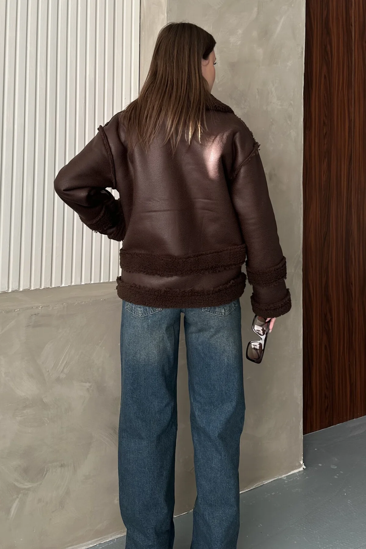Kadın Kürklü Deri Mont - Oversize Suni Deri Kaban - Shearling İçi