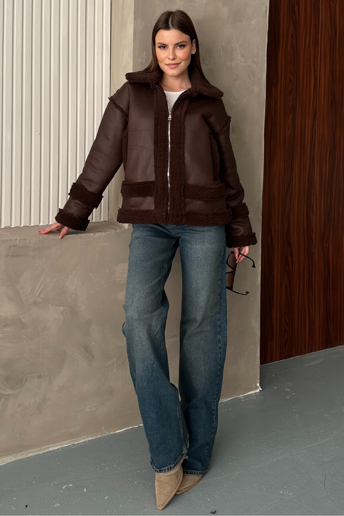 Moda Armanc Kadın Kürklü Deri Mont - Oversize Suni Deri Kaban - Shearling İçi