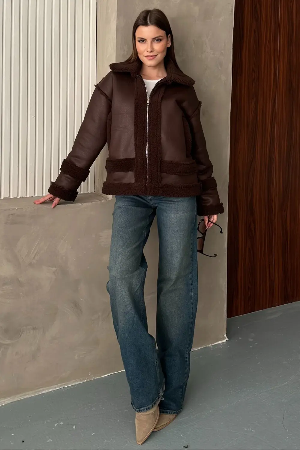 Kadın Kürklü Deri Mont - Oversize Suni Deri Kaban - Shearling İçi