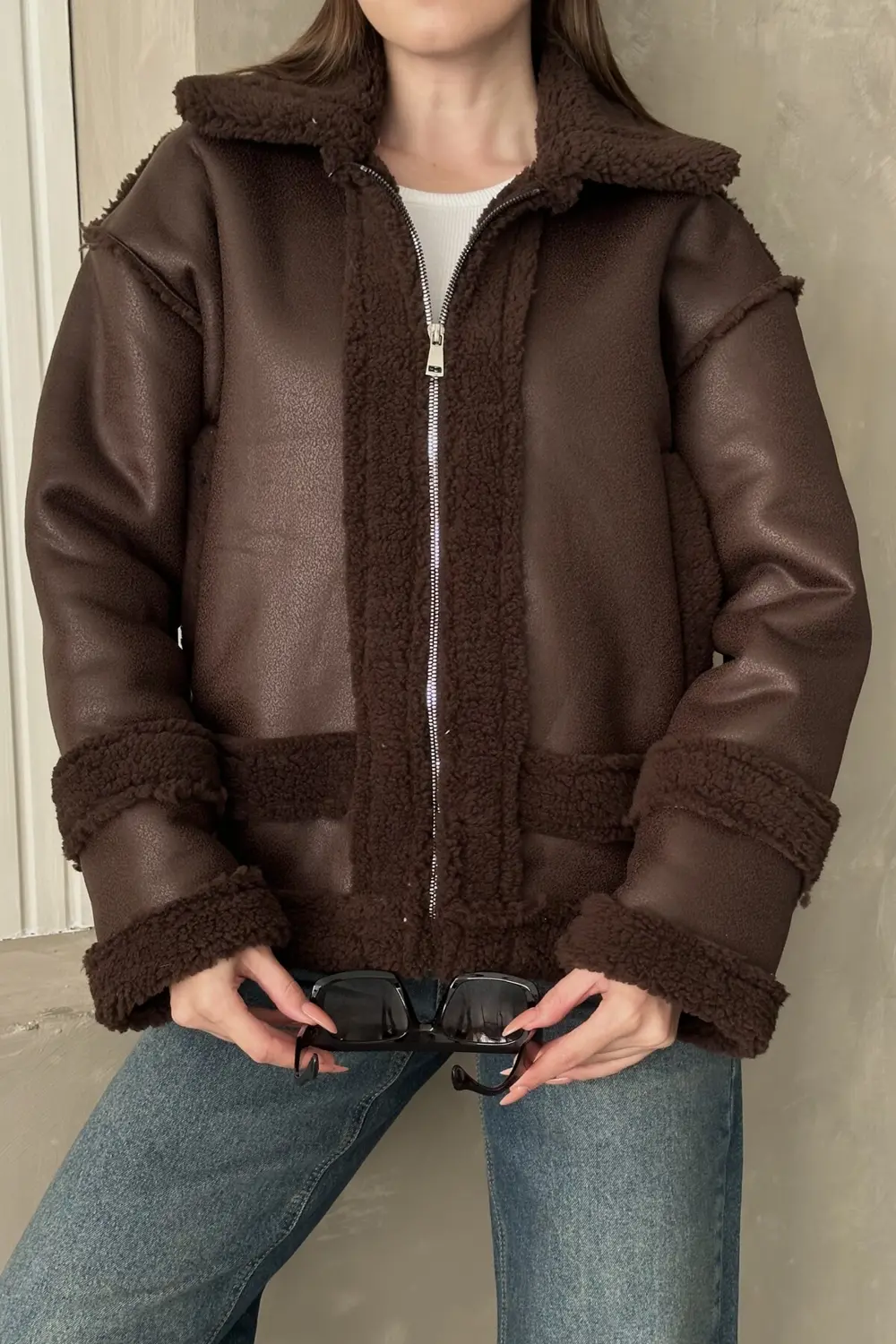 Kadın Kürklü Deri Mont - Oversize Suni Deri Kaban - Shearling İçi