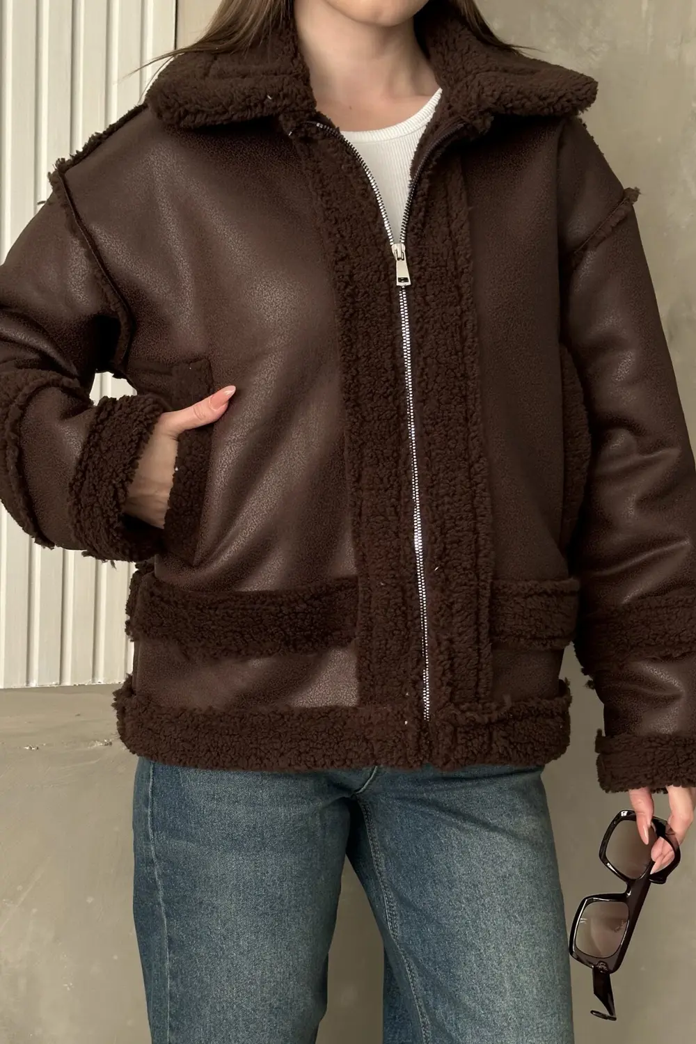 Kadın Kürklü Deri Mont - Oversize Suni Deri Kaban - Shearling İçi