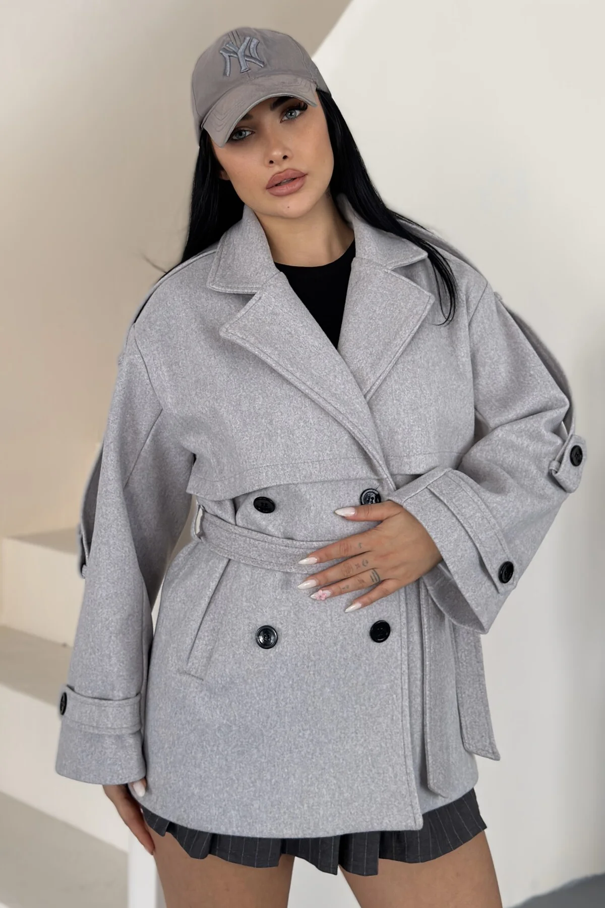 Kadın Kuşaklı Kaşe Trençkot Ceket Dik Yaka Çift Düğmeli Oversize Kaban Fiyatı, Yorumları ve Özellikleri