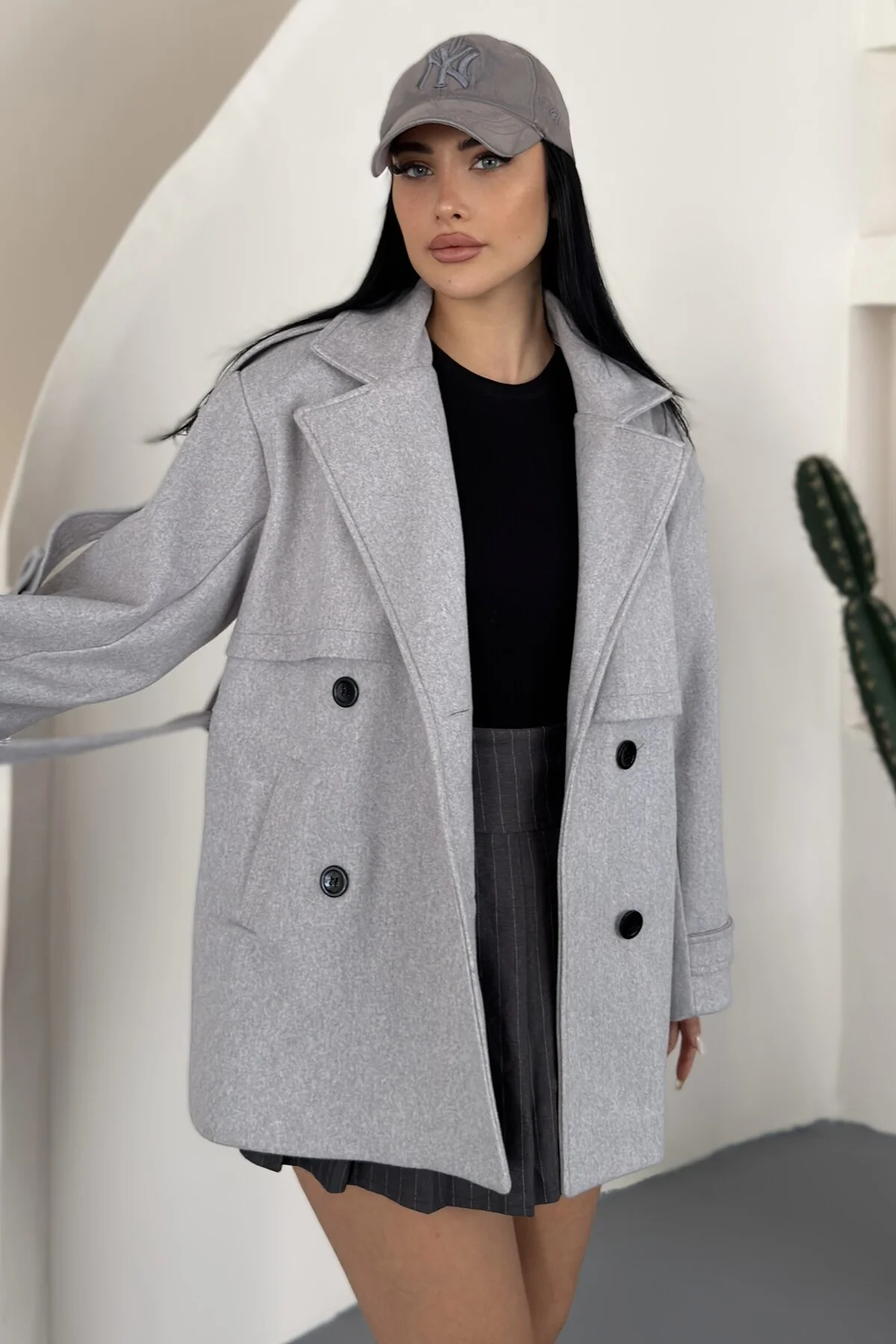 Kadın Kuşaklı Kaşe Trençkot Ceket Dik Yaka Çift Düğmeli Oversize Kaban Fiyatı, Yorumları ve Özellikleri