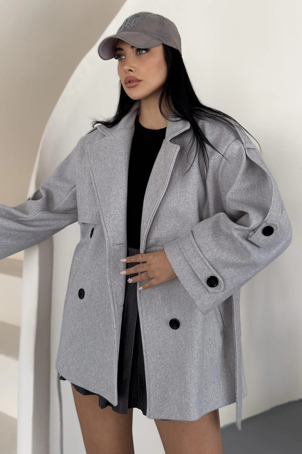Kadın Kuşaklı Kaşe Trençkot Ceket Dik Yaka Çift Düğmeli Oversize Kaban Fiyatı, Yorumları ve Özellikleri