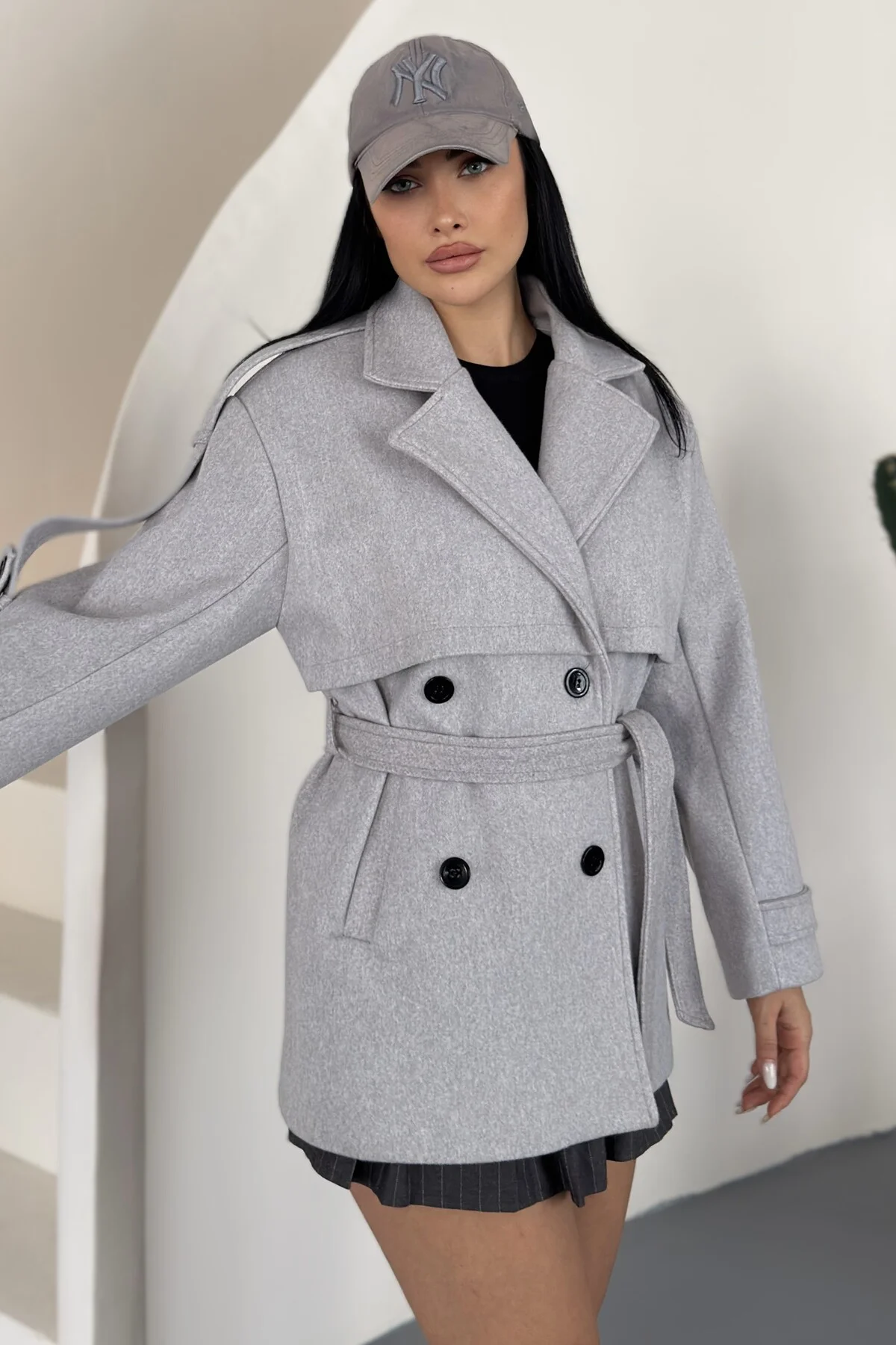Kadın Kuşaklı Kaşe Trençkot Ceket Dik Yaka Çift Düğmeli Oversize Kaban Fiyatı, Yorumları ve Özellikleri
