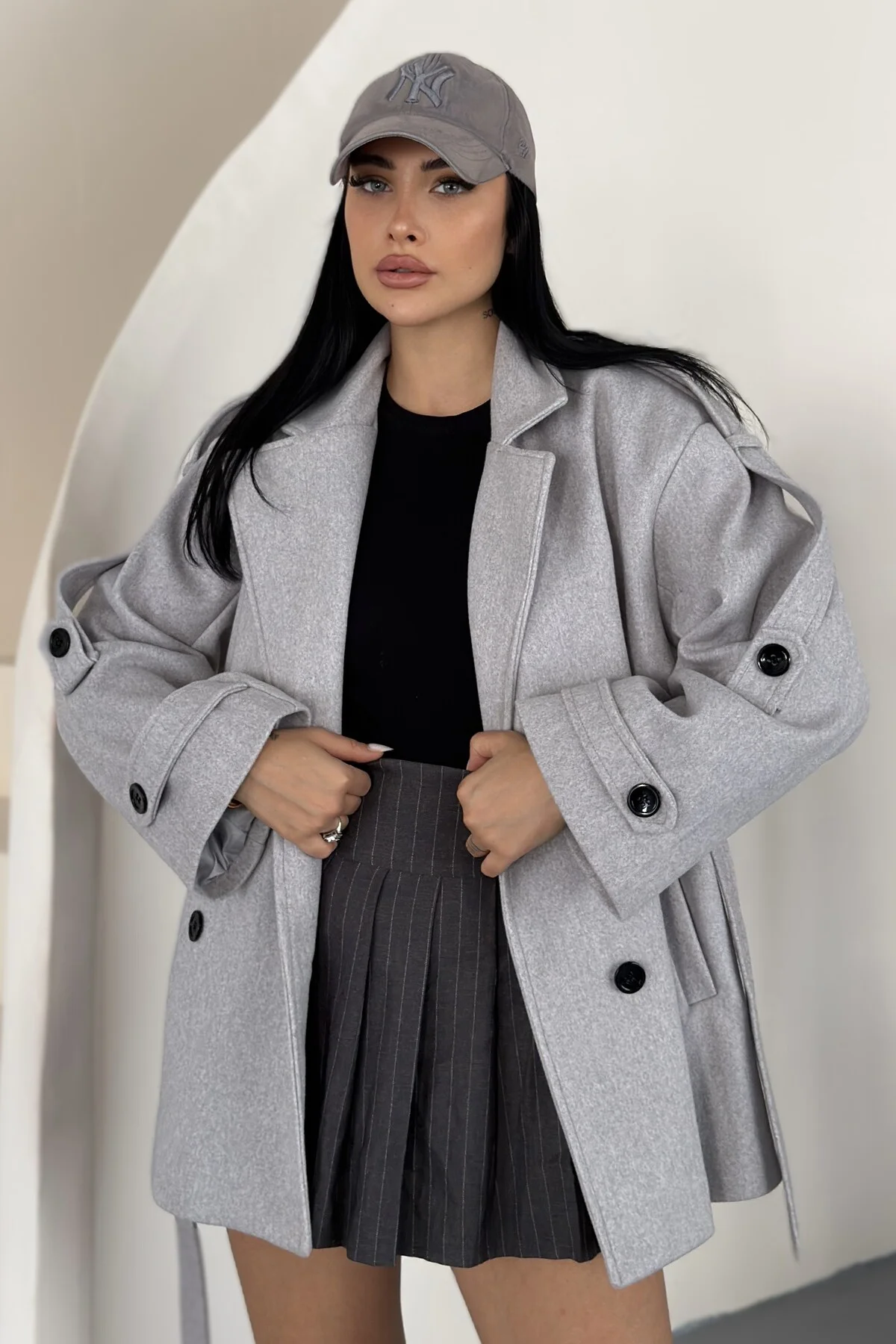 Kadın Kuşaklı Kaşe Trençkot Ceket Dik Yaka Çift Düğmeli Oversize Kaban Fiyatı, Yorumları ve Özellikleri