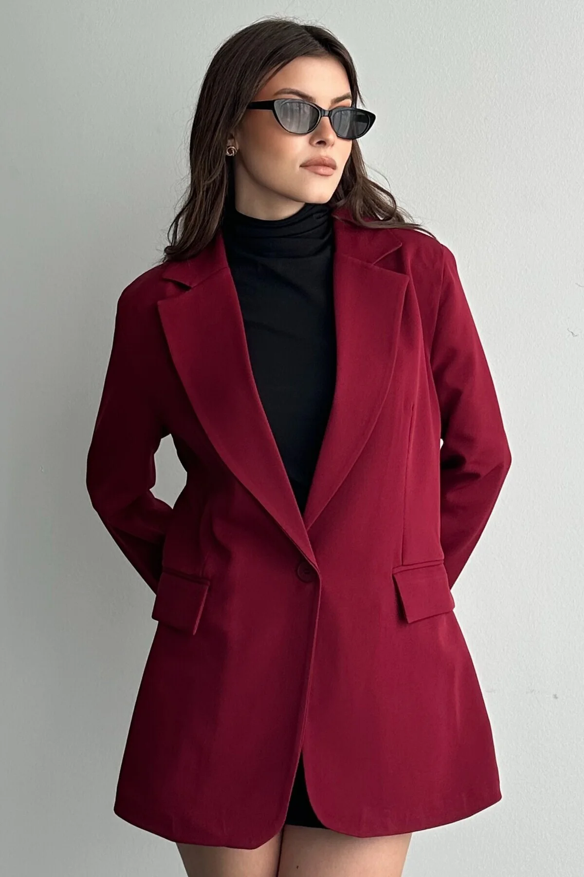 Kadın Lacivert Düğmeli Oversize Blazer Ceket