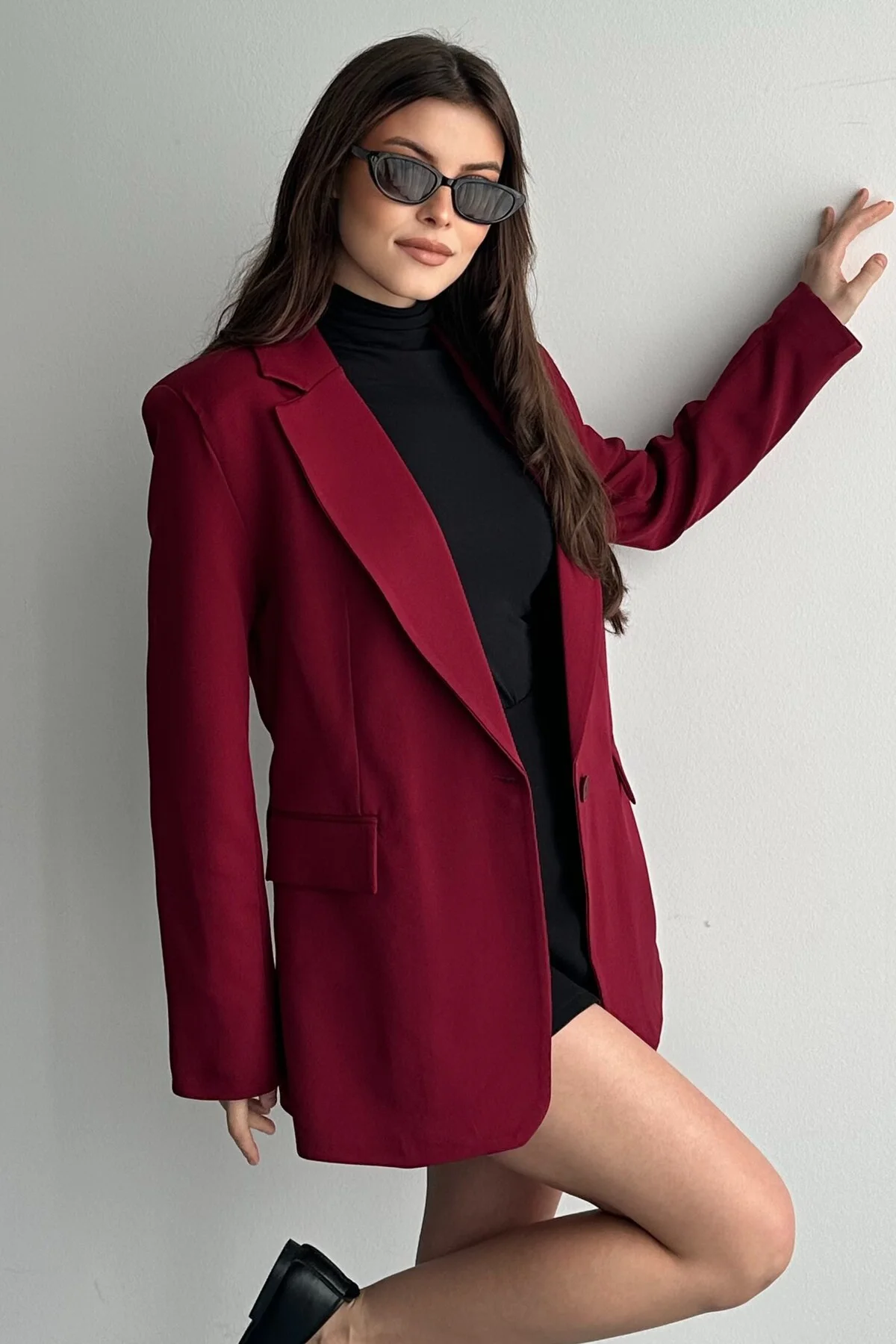 Kadın Lacivert Düğmeli Oversize Blazer Ceket