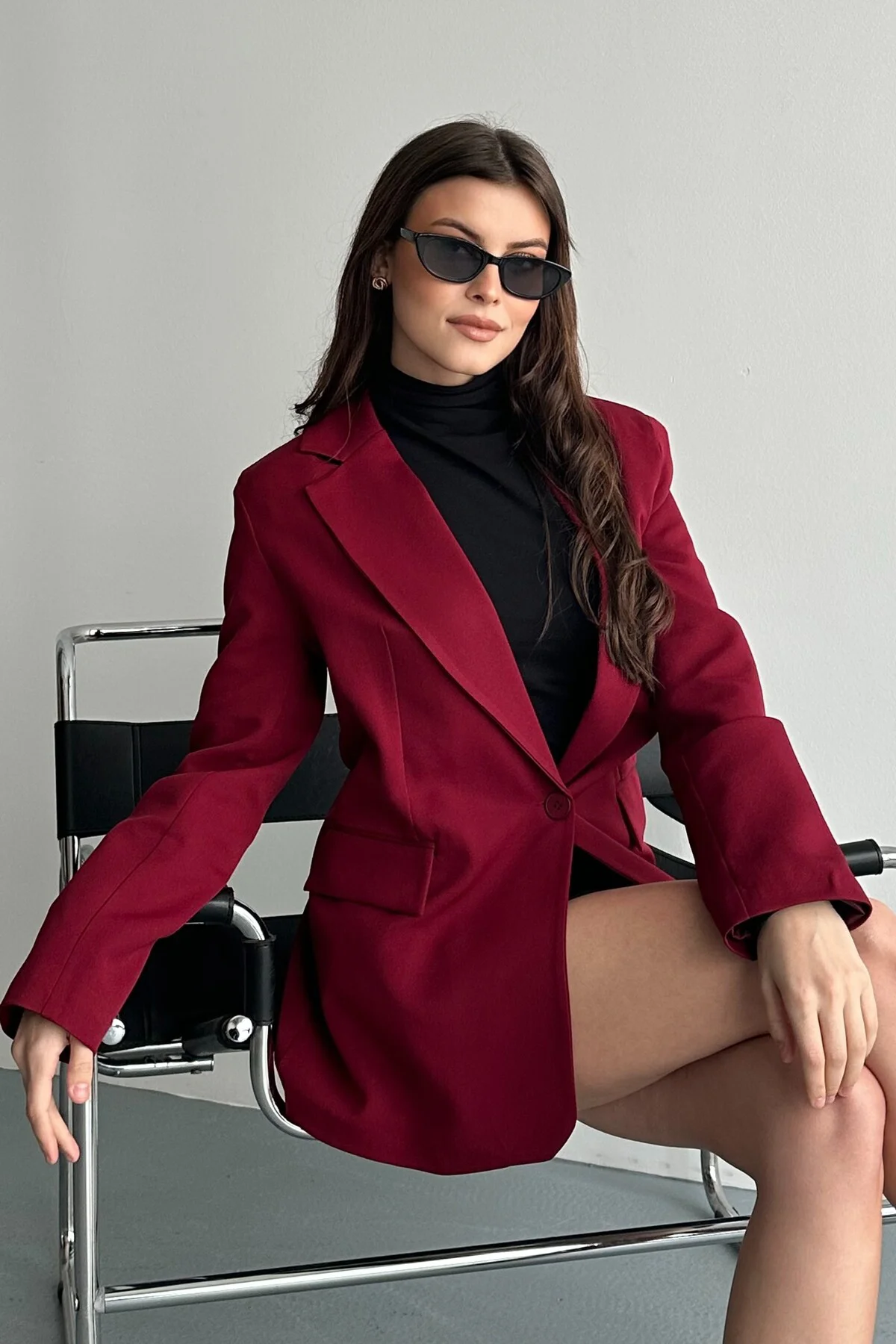 Kadın Lacivert Düğmeli Oversize Blazer Ceket